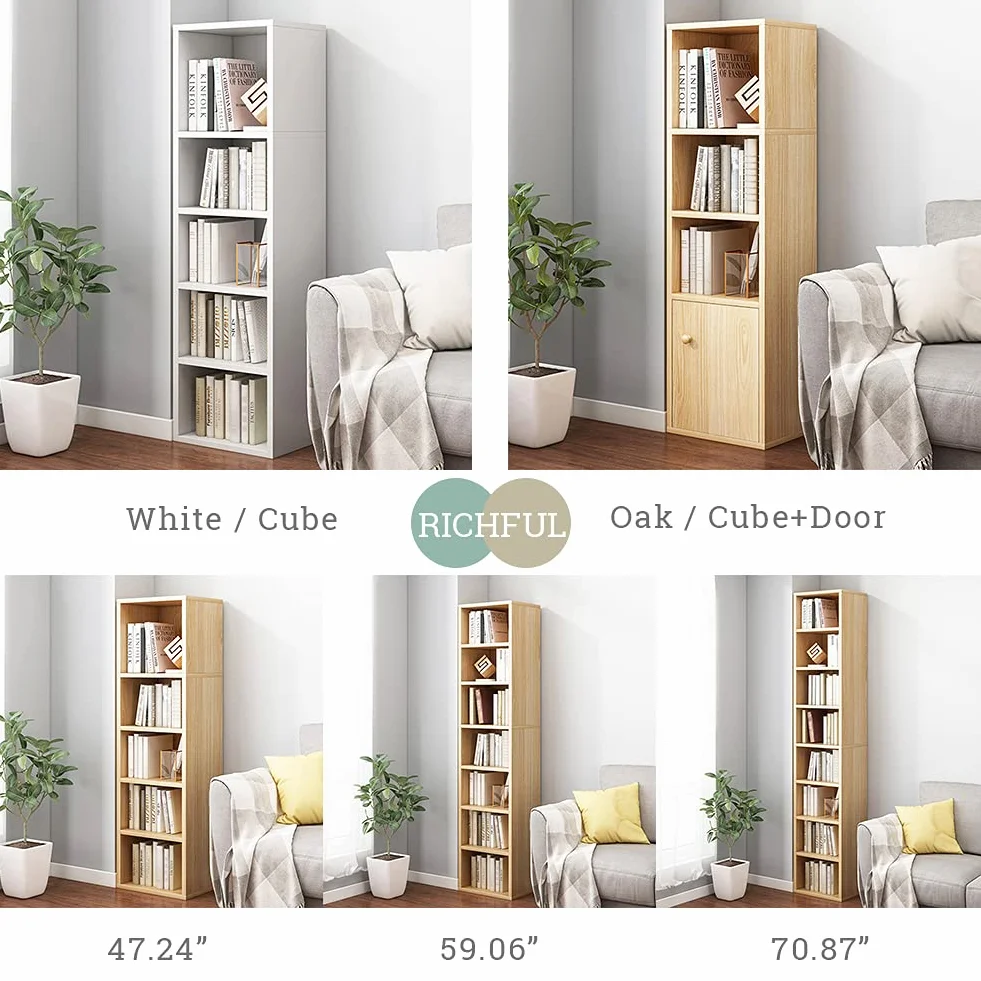 IOTXY Small Narrow Corner Bookcase - 71" Tall Gap Storage Cabinet, Oak | Modern Minimalist Style, MDF Material, Adjustable Shelves, 8 Cubes Open Bookshelf, Floor Tower Rack, Space-Saving Organizer