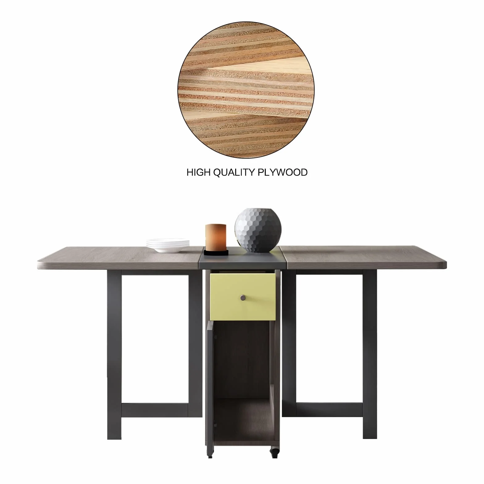 Drop Leaf Folding Dining Table with Storage, 2 Drawers, Grey | 3 Foldable Forms, Space Saving, Movable on Casters, for Kitchen Dining Living Room, Extendable, Versatile
