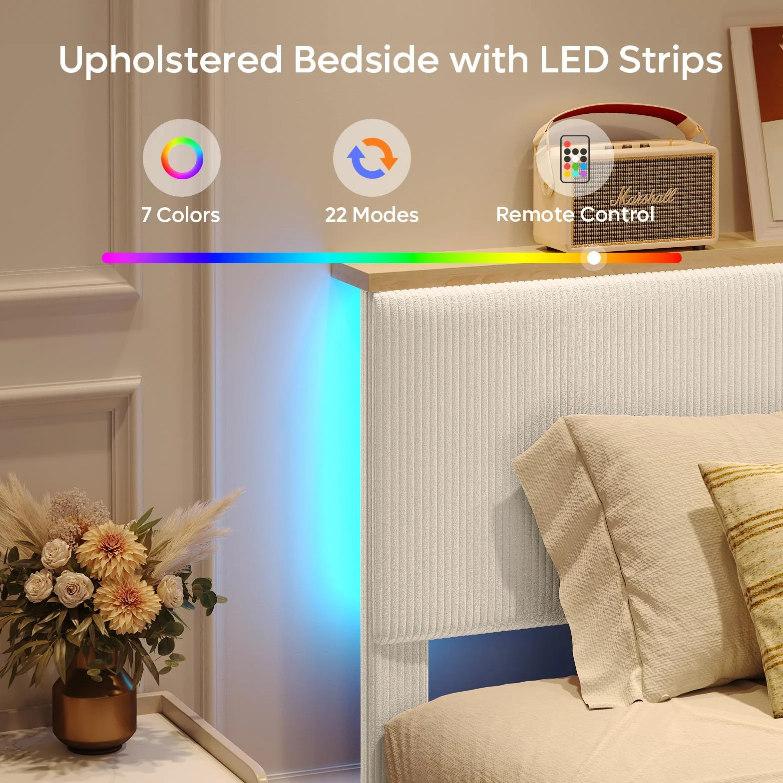Bestier Queen Bed Frame with Storage Headboard & LED, Upholstered, Beige | Corduroy, Upholstered Platform, Storage Headboard Shelf, RGB LED Remote, Wood Slats, No Box Spring, Anti-Squeak, Easy Setup