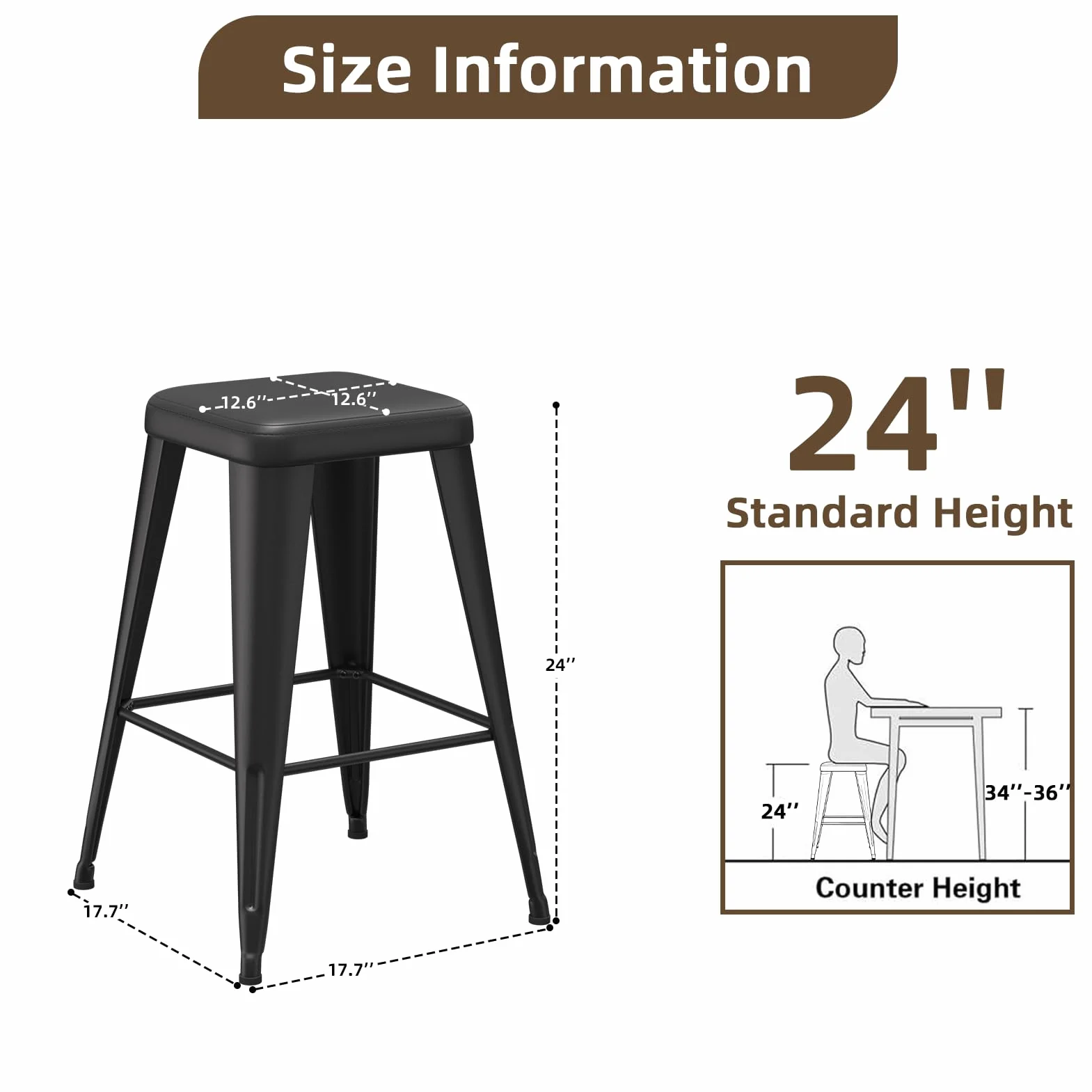 Bar Stools Set of 4, 24" Counter Height Bar Stools Backless, Upholstered Bar Stools with Metal Legs for Kitchen Island, Study Room, Cafe, Black