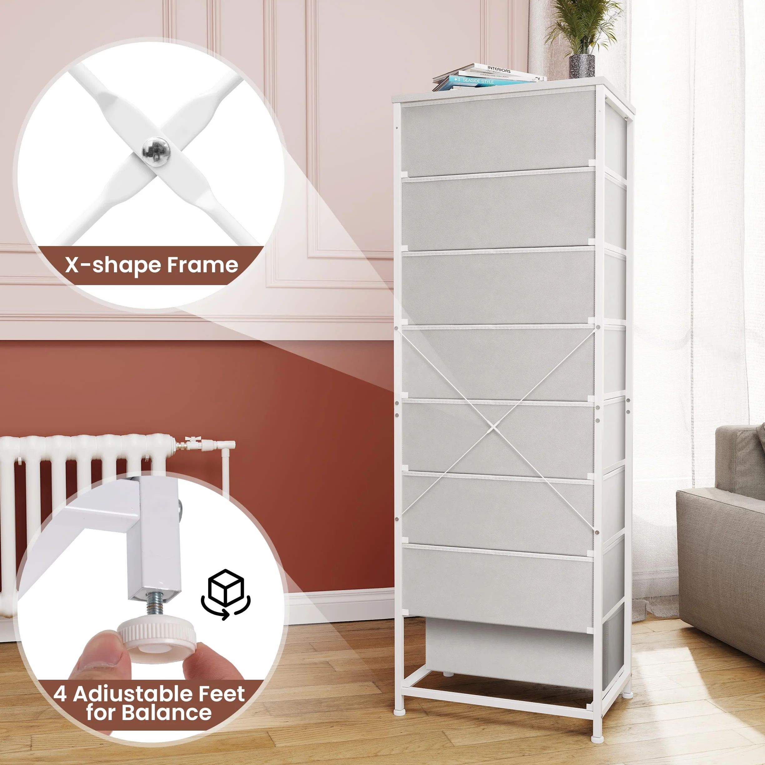 Fabric Dresser for Bedroom, 8 Drawer Tall Vertical Skinny Tower (White) | Wooden Top, Steel Frame, Easy Pull Bin,Organizer Unit for Living Room, Hallway, Entryway, Nursery, Closets