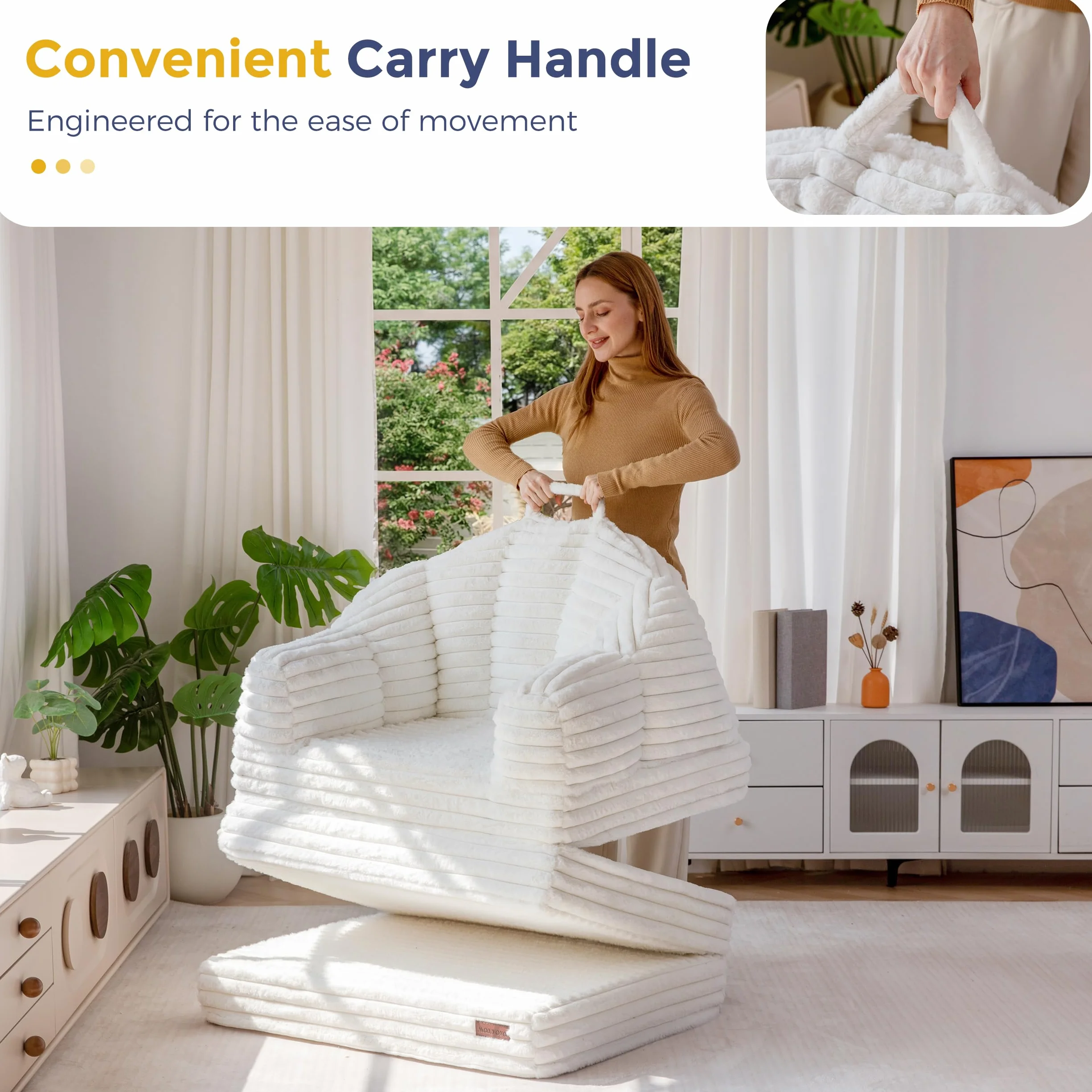 MAXYOYO Folding Sofa Bed Chair, Sleeper Chair for Adults, Faux Fur, Single | 2-in-1 Fold-Out Chair Bed, Convertible Floor Lounger with Carry Handle for Reading or Relaxing , Beige