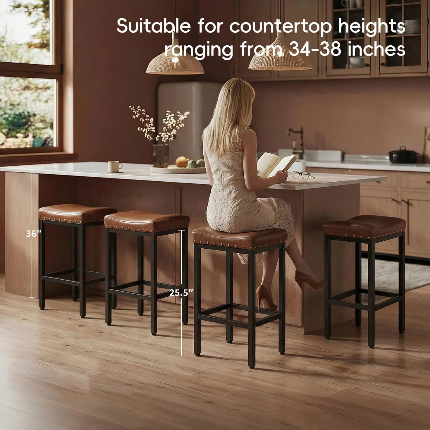 Forteek 25.5'' Bar Stools Set of 2, Counter Height Barstools with Nailhead | Bar Height Stools, Faux Leather Barstool with Footrest, Saddle Stool for Kitchen Island, Dining Room, Easy Assembly, Brown