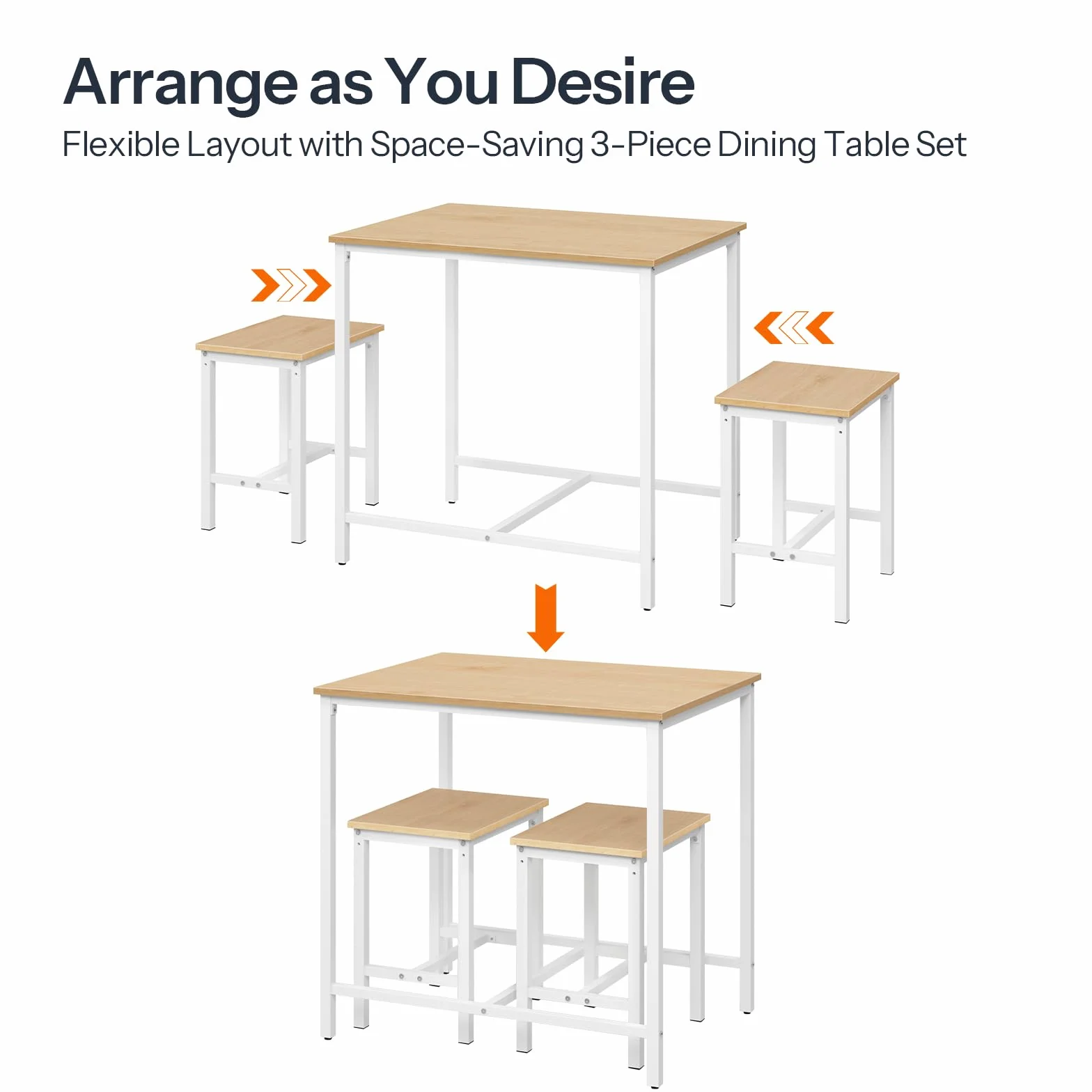 HOOBRO 3-Piece Industrial Dining Table Set, Kitchen Table, Space Saving Dinette for Kitchen, Dining Room, Small Space, Breakfast Nook, Living Room, Party, Natural and White WN75CZ01G1