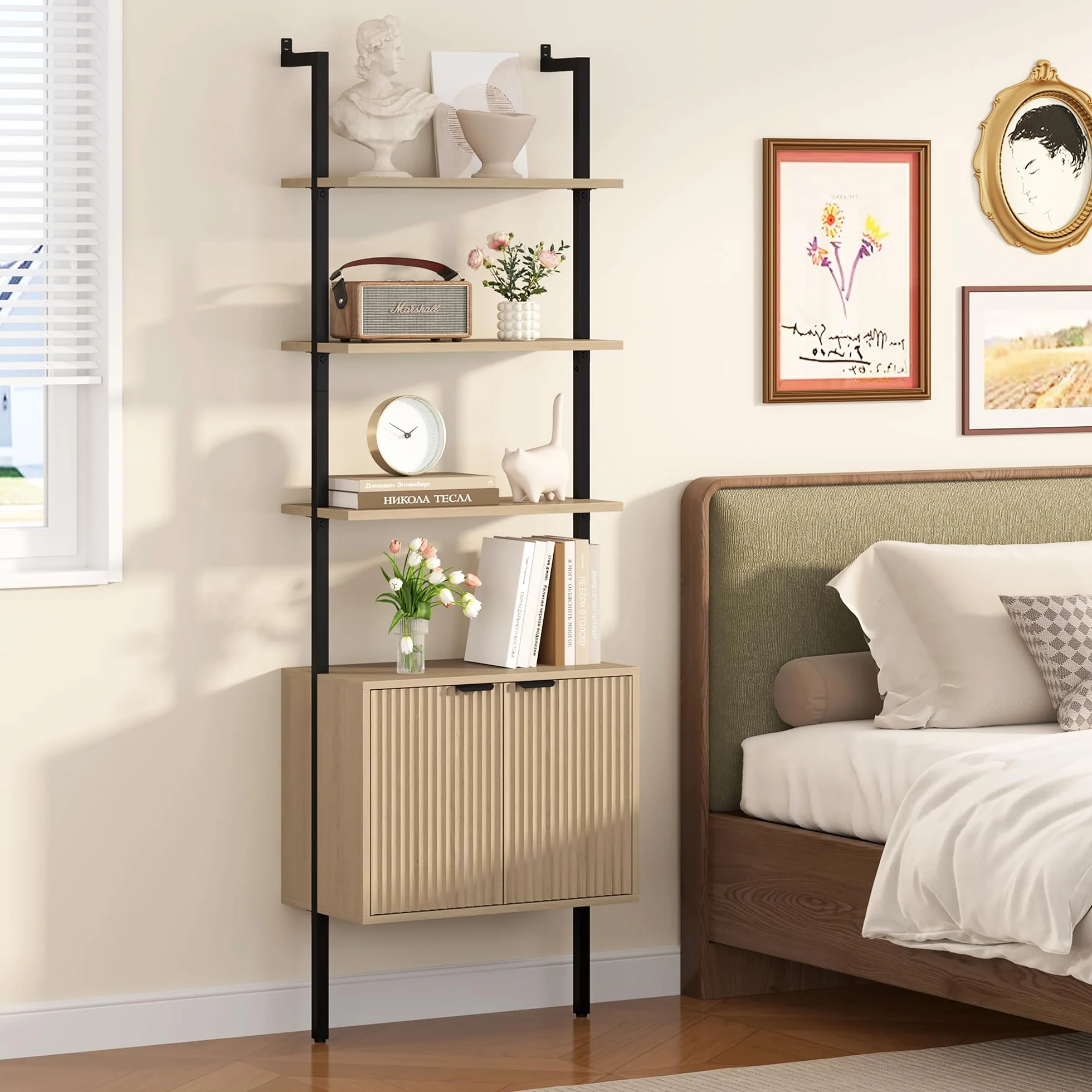 Yusong 73" Tall Bookshelf with Cabinet, Industrial Ladder Wall Mount Shelf Bookcase with Wood and Metal Frame, Plant Shelf Wall Storage Display for Living Room Bedroom, Wavy Light Ivory