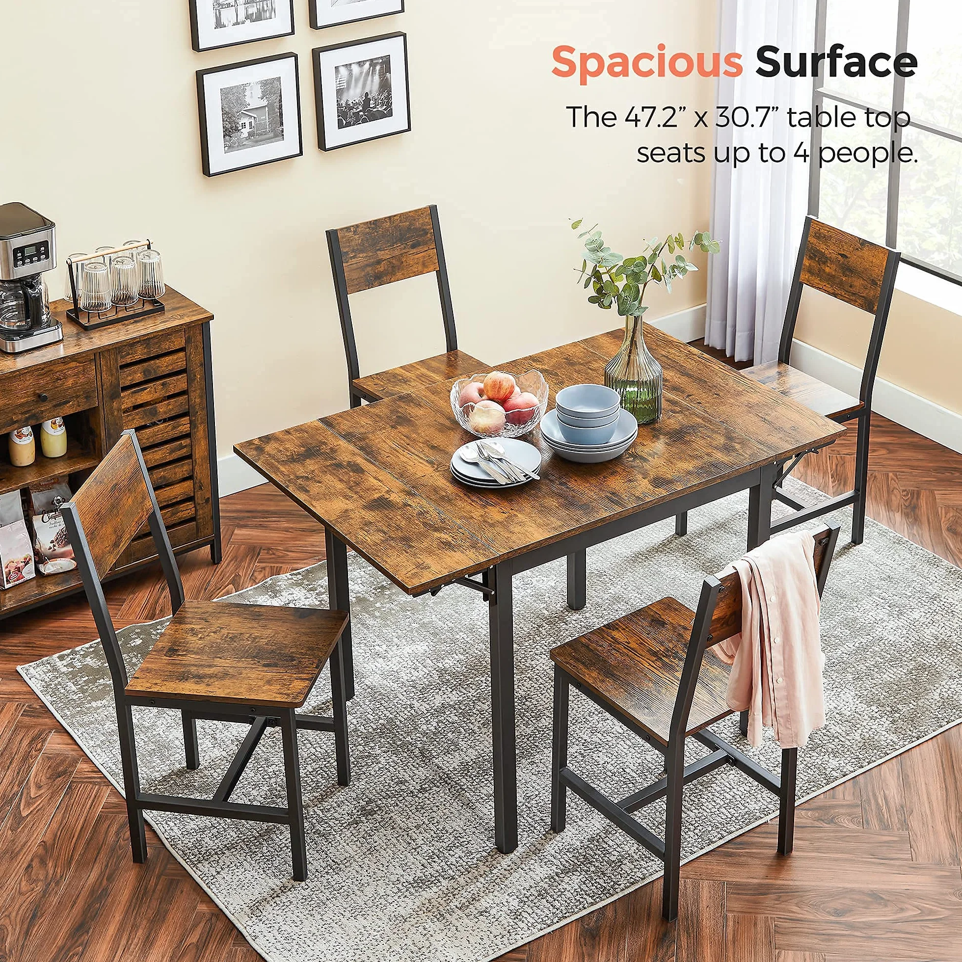 VASAGLE Folding Dining Table, Kitchen Table, Drop Leaf Extendable Table for Small Spaces, Seats 2-4 People, Industrial, Rustic Brown and Black UKDT077B01