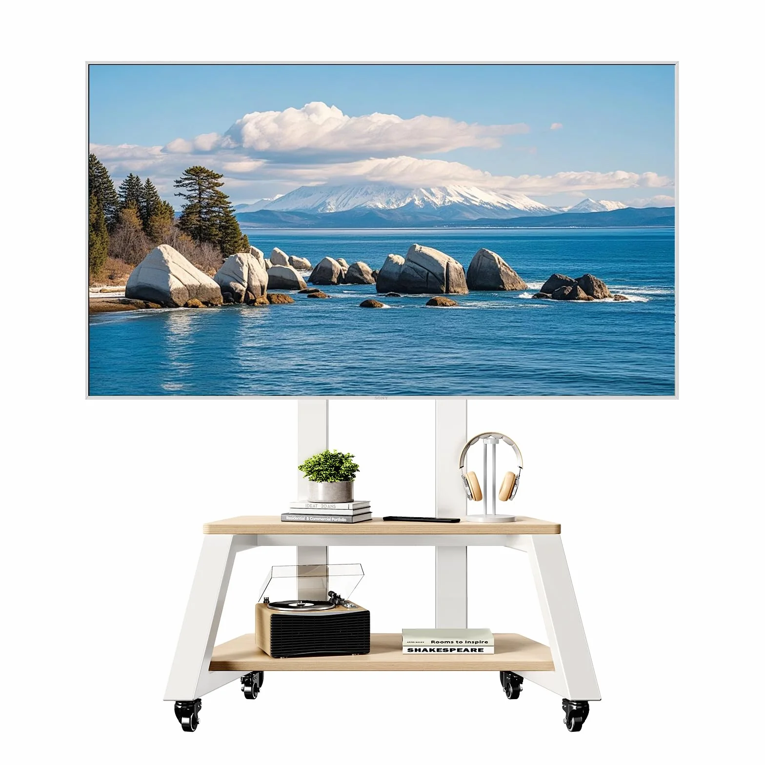 Mobile TV Stand Rolling TV Cart with Wheels for Most 32-86 Inch TV | TV Stand with Double Wooden Shelf, Height Adjustable Heavy-Duty Holds up to 180lbs,Max VESA 600 * 450mm