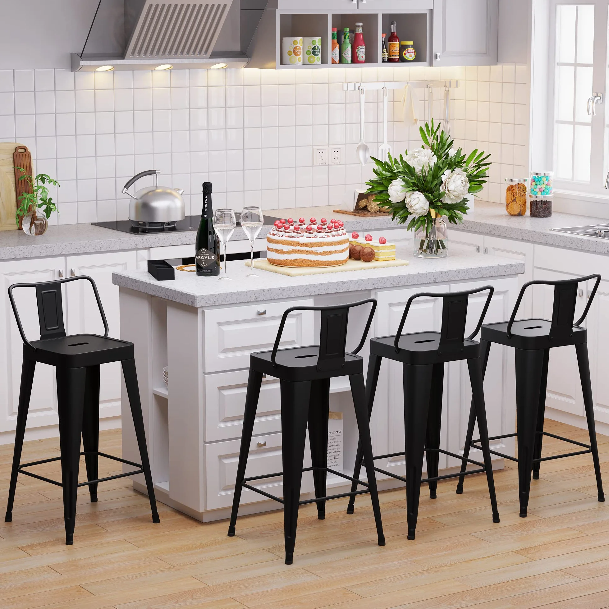 WENTMENT Metal Bar Stools Set of 4 Counter Height Black Barstools with Removable Back 24" Kitchen Bar Stools