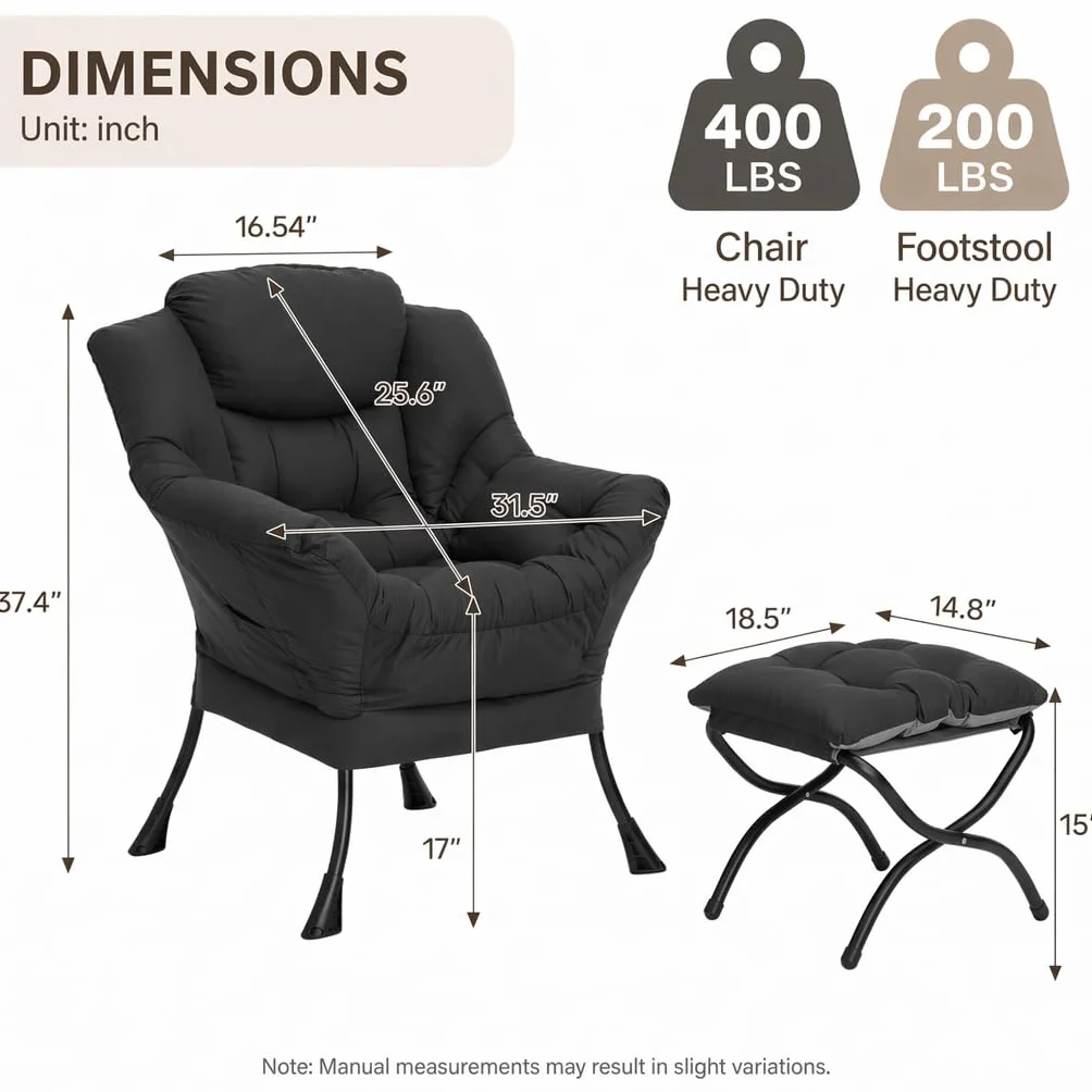 HollyHOME Lazy Chair with Foldable Ottoman, Accent Comfy Lounge Armchair and Folding Footrest Stool, Leisure Sofa Reading Chair and Footstool for Living Room, Bedroom, Dorm,Peachskin Fabric Black