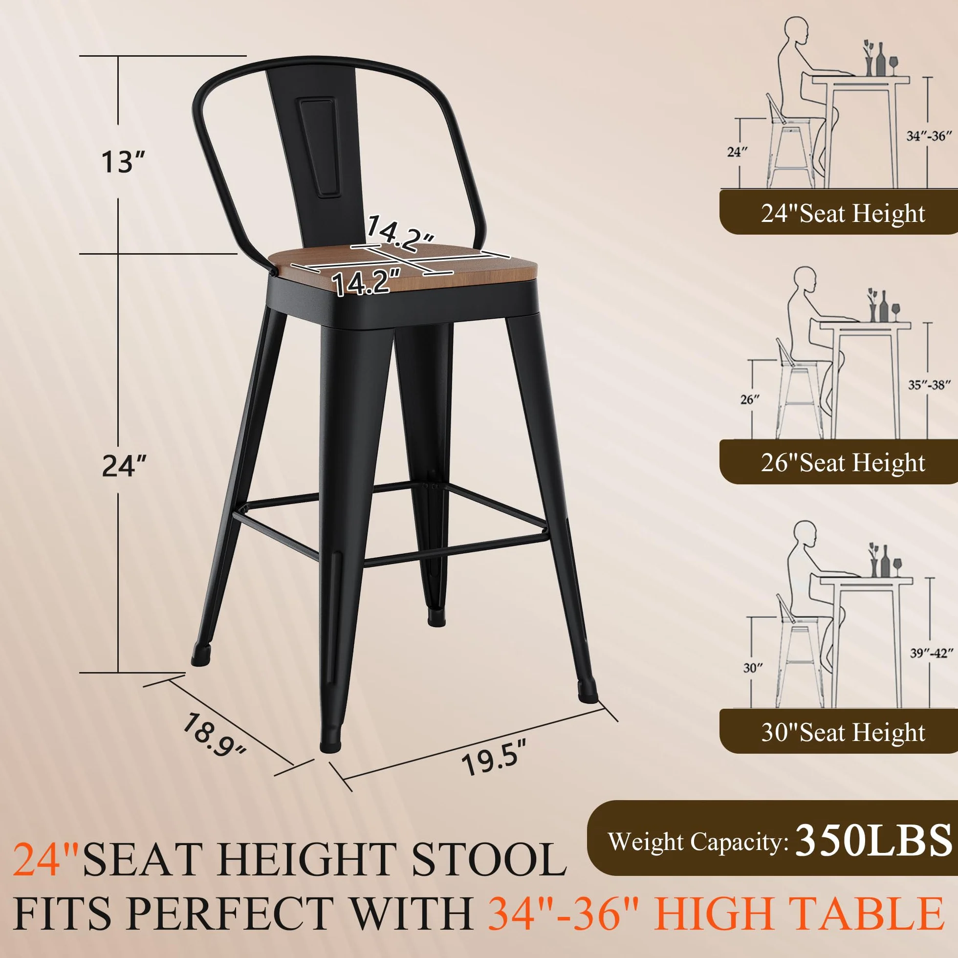 Aklaus Swivel Bar Stools 24 inch Swivel Metal Counter Height Barstools Set of 4 Modern Farmhouse Bar Chairs with High Backs and Large Wooden Seat for Kitchen Island Dining Room Matte Black