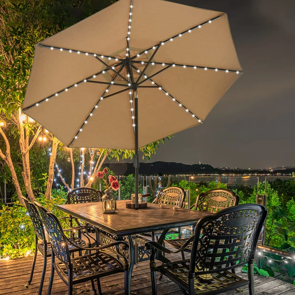 EliteShade USA 10-Year-Non-Fading 9ft Market Patio Umbrella, Commercial Grade Table Sun Umbrella with 80 Solar LED Lights, Crank Open, Windproof & UPF 50+ UV Protection for Garden, Deck, Pool, Backyard, Heather Beige