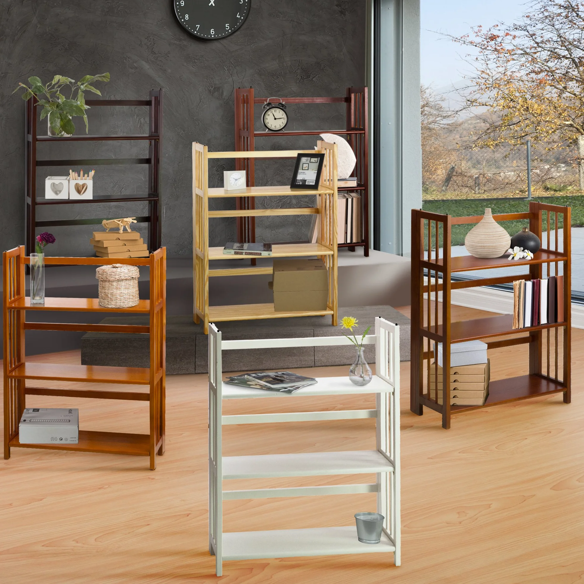 Casual Home 3-Shelf Folding Stackable Bookcase (27.5" Wide)-Walnut