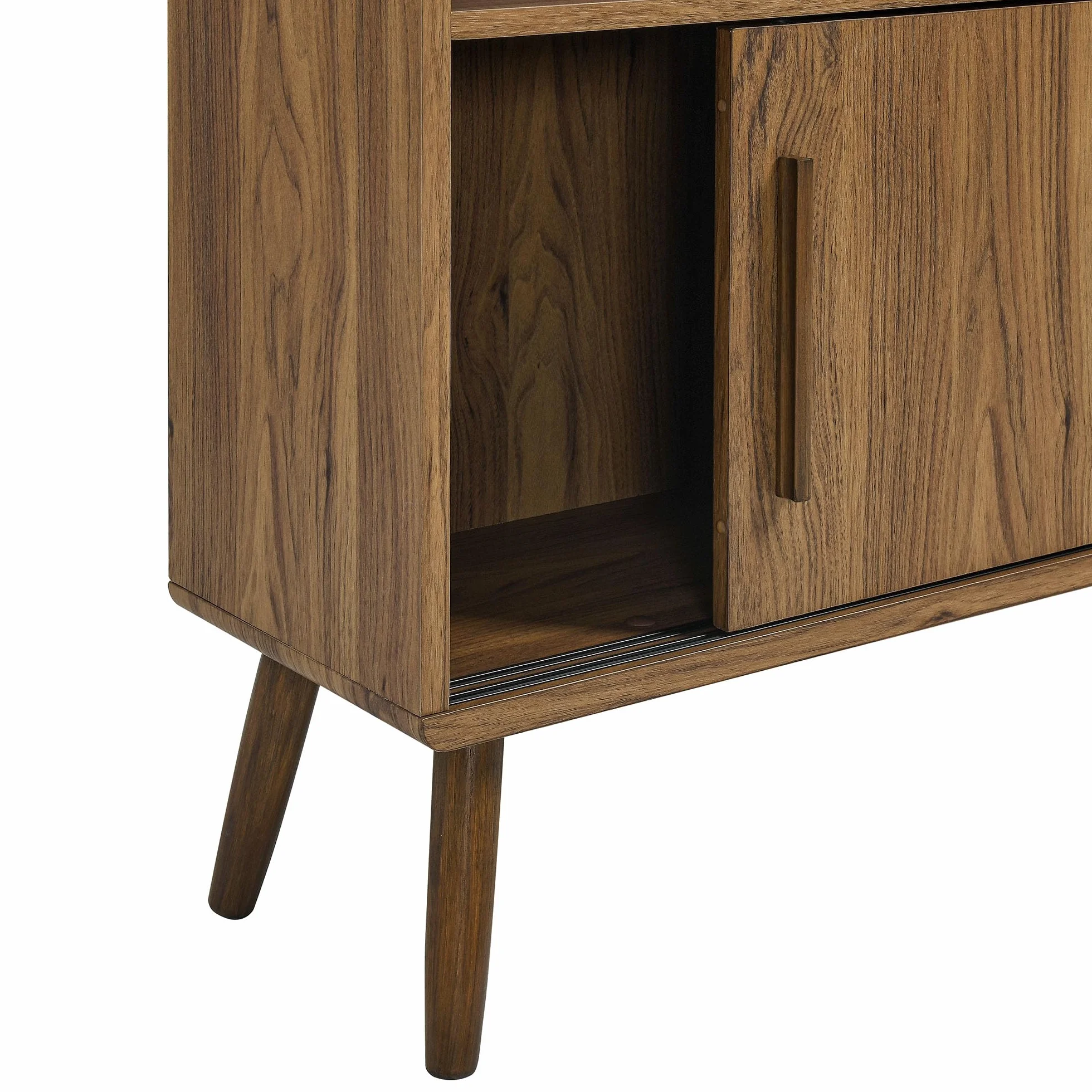Modway Transmit 14 Shelf Bookcase with Sliding Doors in Walnut - 59 Inch Wood Mid-Century Modern Bookshelf - 4 Tier Wide Open Display Storage Cabinet for Living Room, Office, Hallway