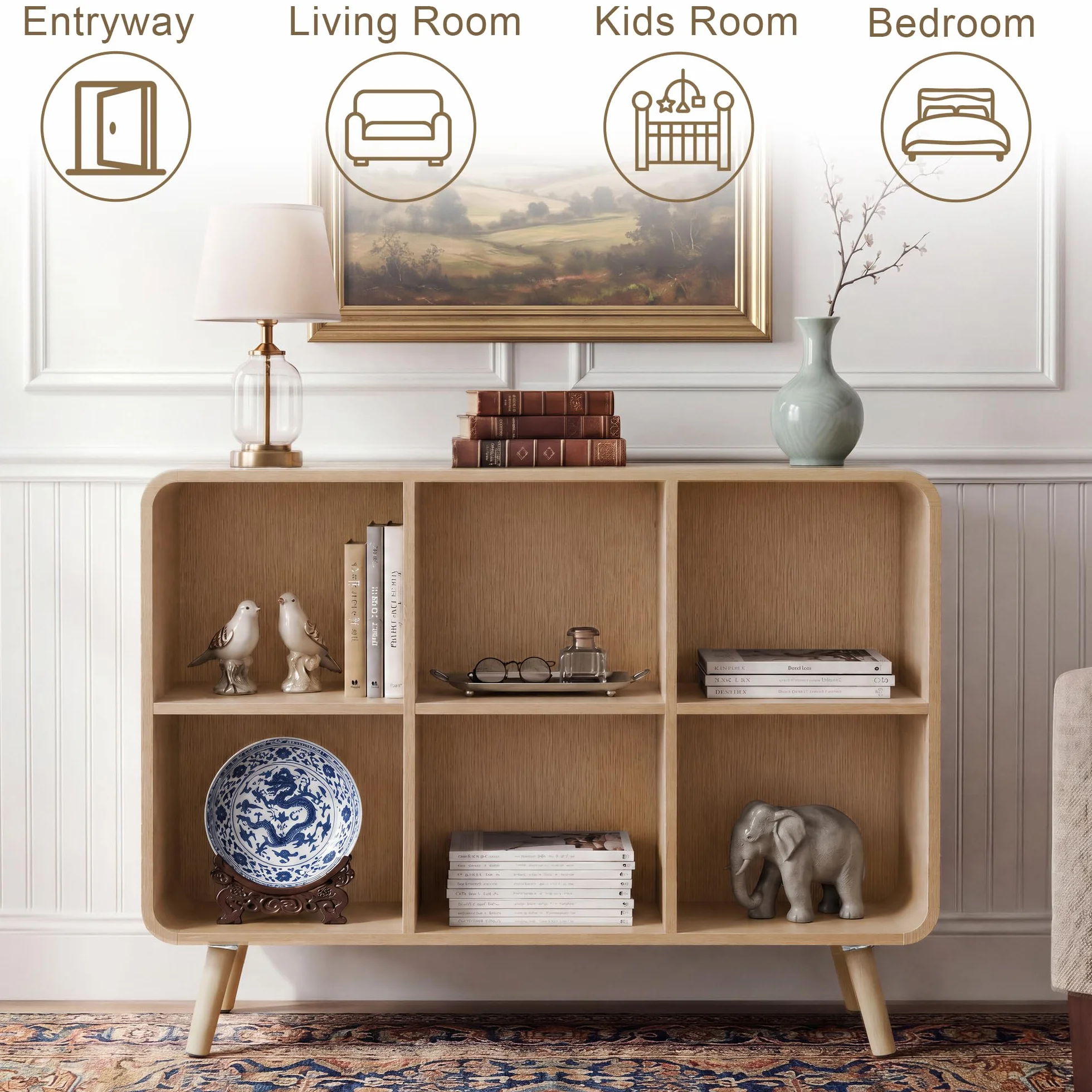 6 Cube Bookshelf - 35.4" Wood Cube Bookcase with Legs, Open Cubby Bookshelves with Curved Profile Design for Bedroom, Living Room,Home Office, Nature