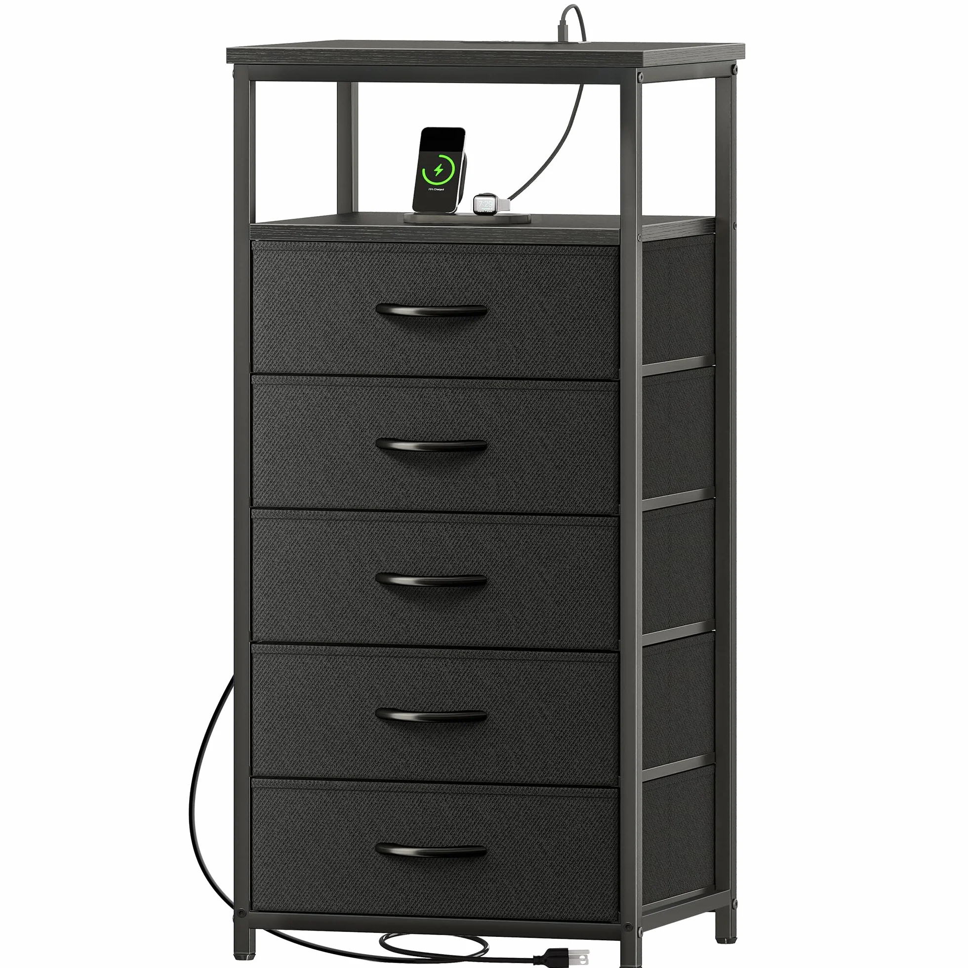 Huuger 5 Drawers Dresser with Charging Station, Dresser for Bedroom, Tall Night Stand, Chest of Drawers with Open Shelf, Bedside Table Nightstand, Fabric Storage Drawers, for Entryway, Black