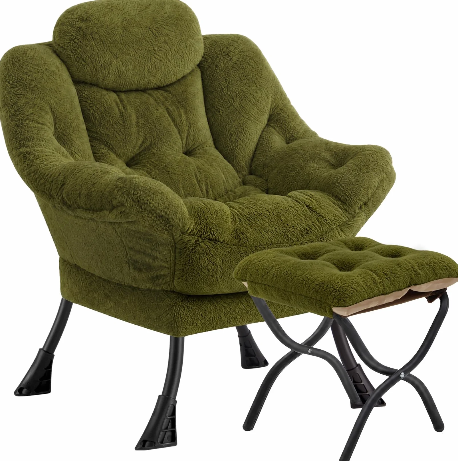 Lazy Chair with Folding Ottoman,Leisure Sofa Chair,Soft Fabric Armchair with Armrests and Side Pockets, Reading Chair with Footrest for Living Room, Bedroom, Office (Plush Green)
