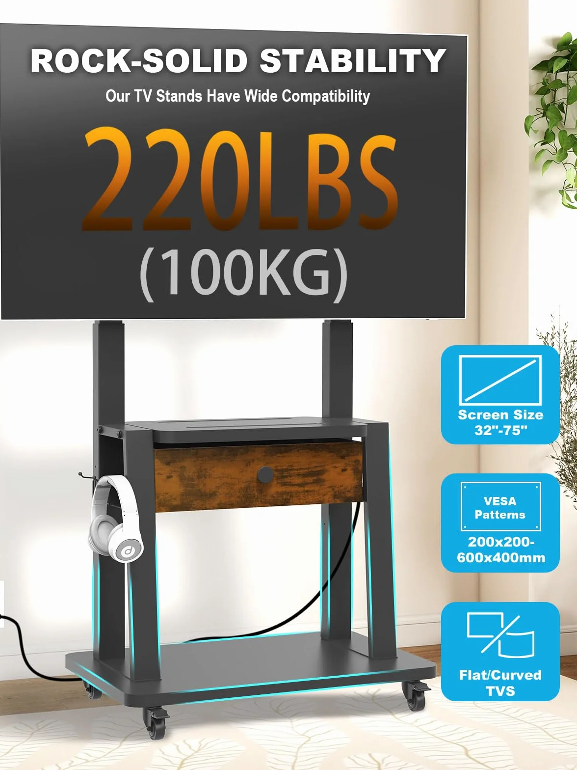 Rolling TV Stand with Power Outlet and Fabric Drawer for 32-75 Inch Flat/Curved Screen up to 220lbs LCD/LED/OLED Adjustable Height Mobile TV Cart with Wheels for Home Office Max VESA 600x400mm