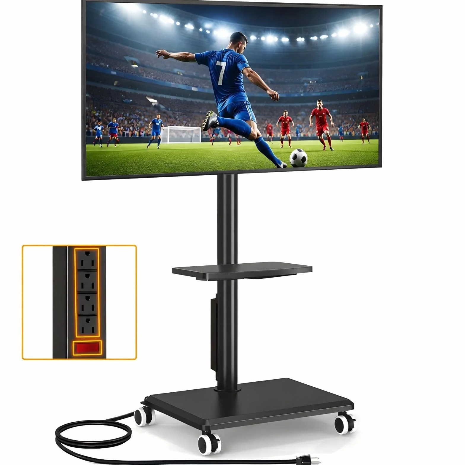 5Rcom Rolling TV Stand with Power Outlet for 32-60 inch TVs | Swivel Height Adjustable TV Cart with Power Outlet & Shelf, Holds 88lbs, Black for Bedroom Living Room Office