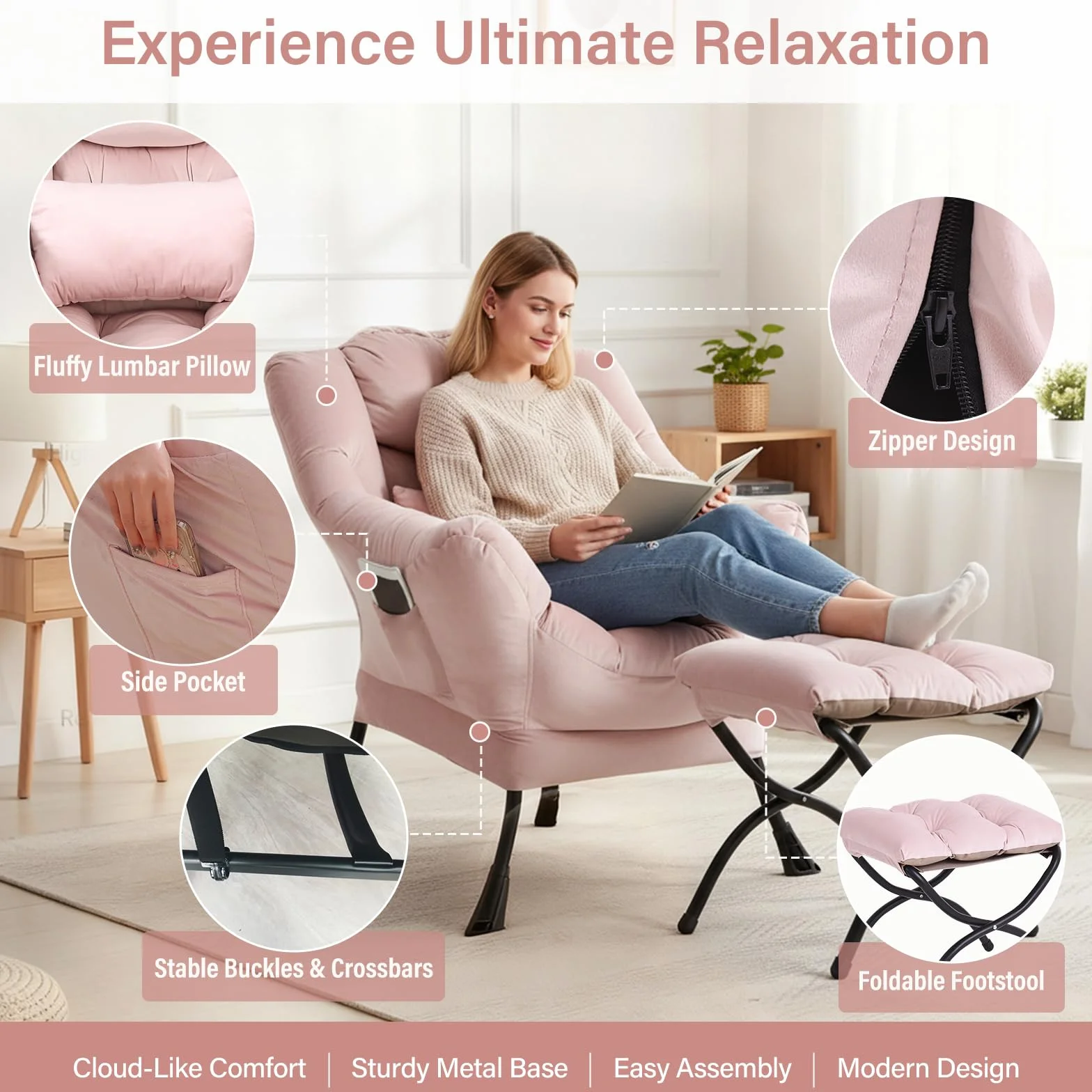 Lazy Chair with Ottoman, Velvet Reading Chair with Pillow，Pink | Comfy Accent Lounge Chair with Pillow & folding Foot Stool, sturdy metal frame for bedroom, dorm or apartment, Living Room