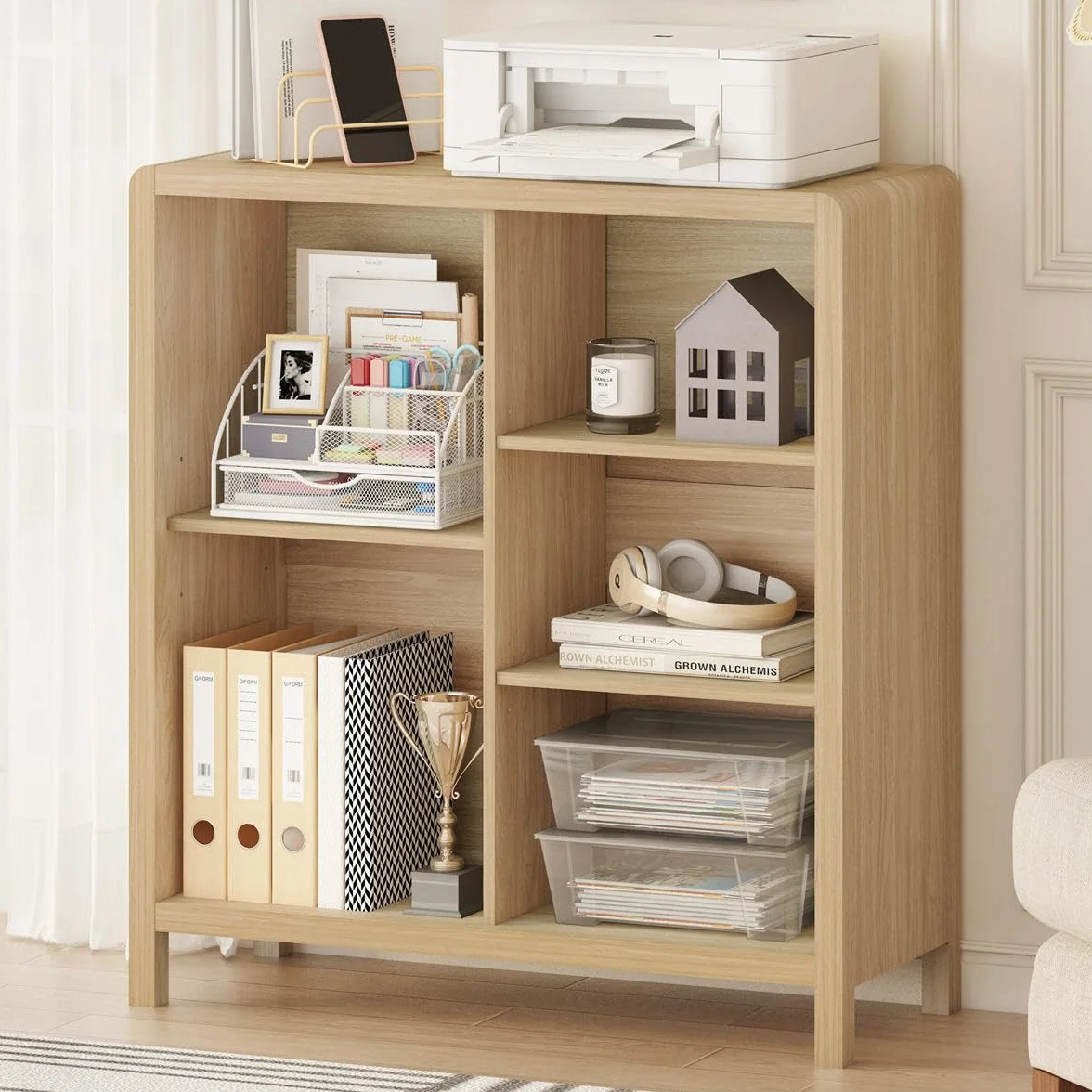5 Cube Bookshelf, Wood Bookcase with 3 Adjustable Shelves, Modern Cube Storage Organizer Shelf for Home Office (Light Walnut)