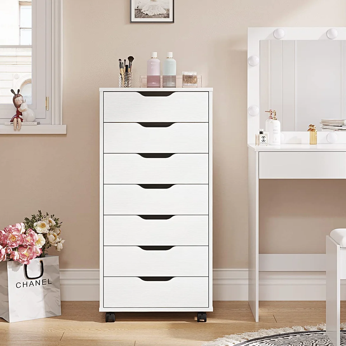 Panana 7 Drawer Mobile File Cabinet, Wooden Under Desk Storage with Wheels Office Organization Vertical Filing Chest of Drawers for Home Office (White)