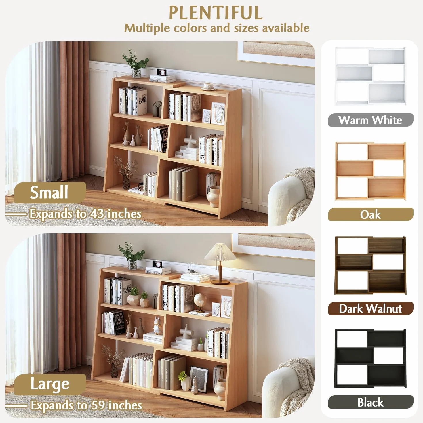 IOTXY Wooden Extendable Shelf Bookcase, 3-Tier Low Bookshelf, Oak, S | Adjustable Two-piece Design, 6 Open Cubbies, Extends 23.6"-43.3" for Straight Walls, Corners, and Small Spaces