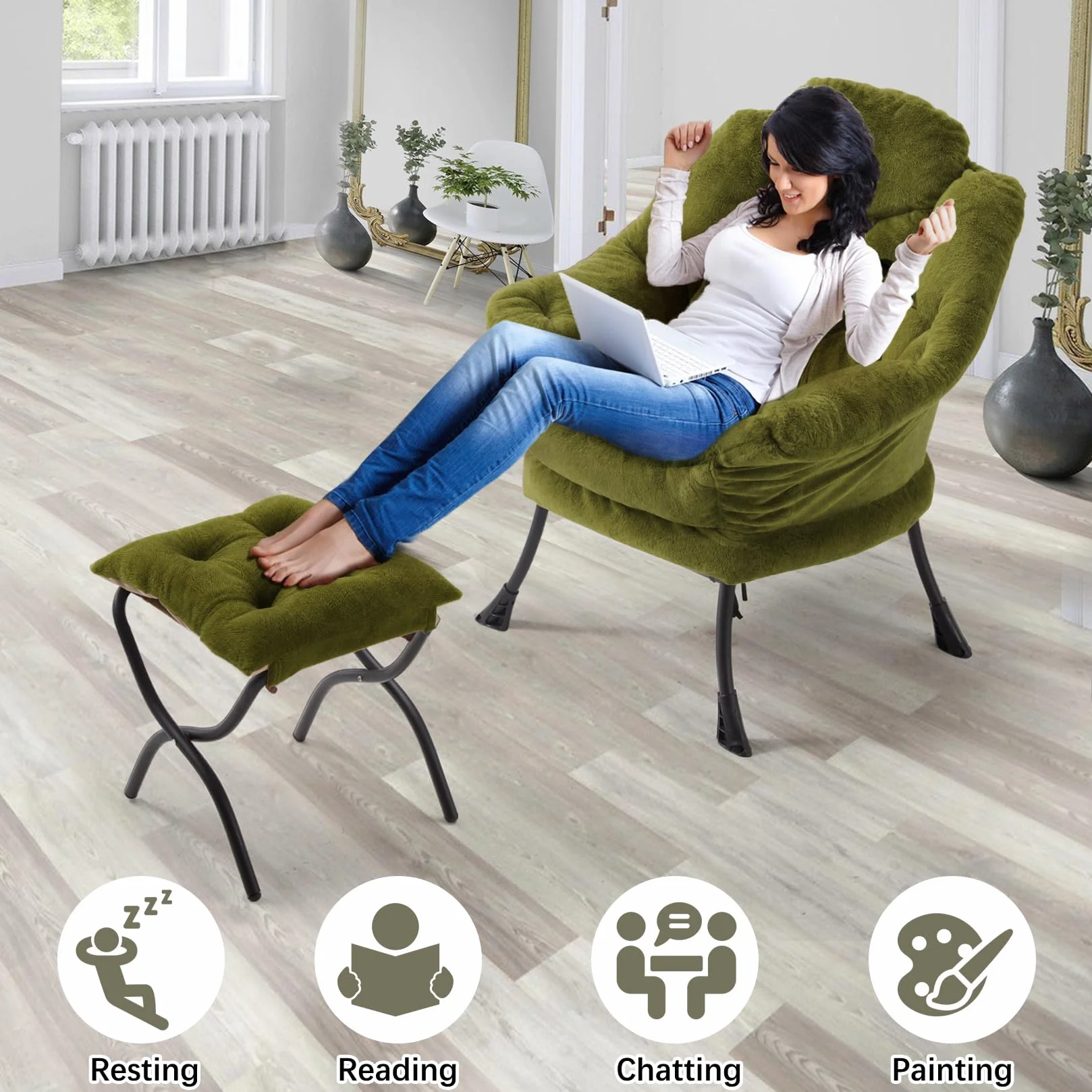 Lazy Chair with Folding Ottoman,Leisure Sofa Chair,Soft Fabric Armchair with Armrests and Side Pockets, Reading Chair with Footrest for Living Room, Bedroom, Office (Plush Green)