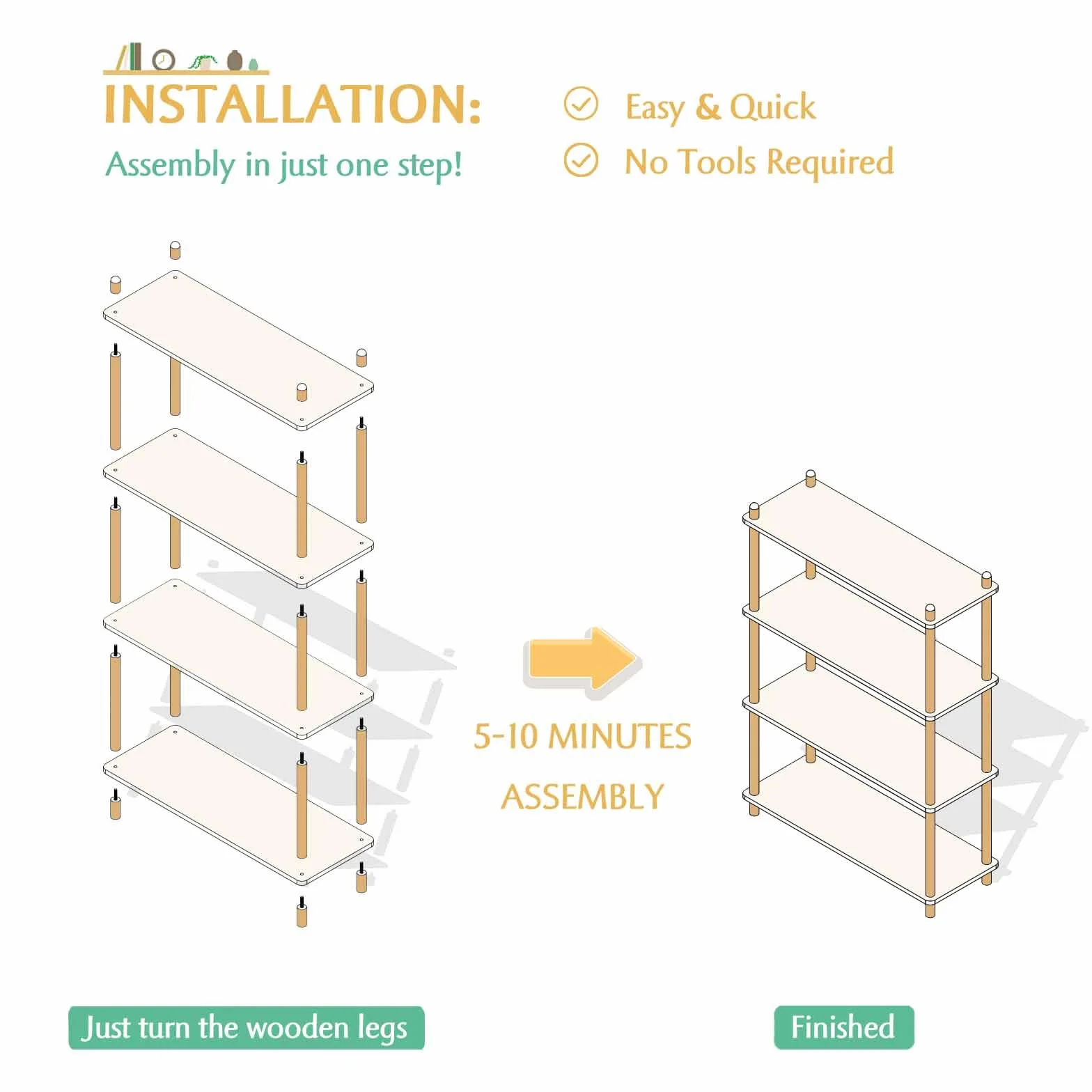 IOTXY 4-Tier Wooden Shelf Bookcase, Freestanding Open Bookshelf, Oak | Beech Wood Frame, 0.63" Shelves, Display Storage for Books, Plants, Decor, Living Room, Bedroom, Home Office