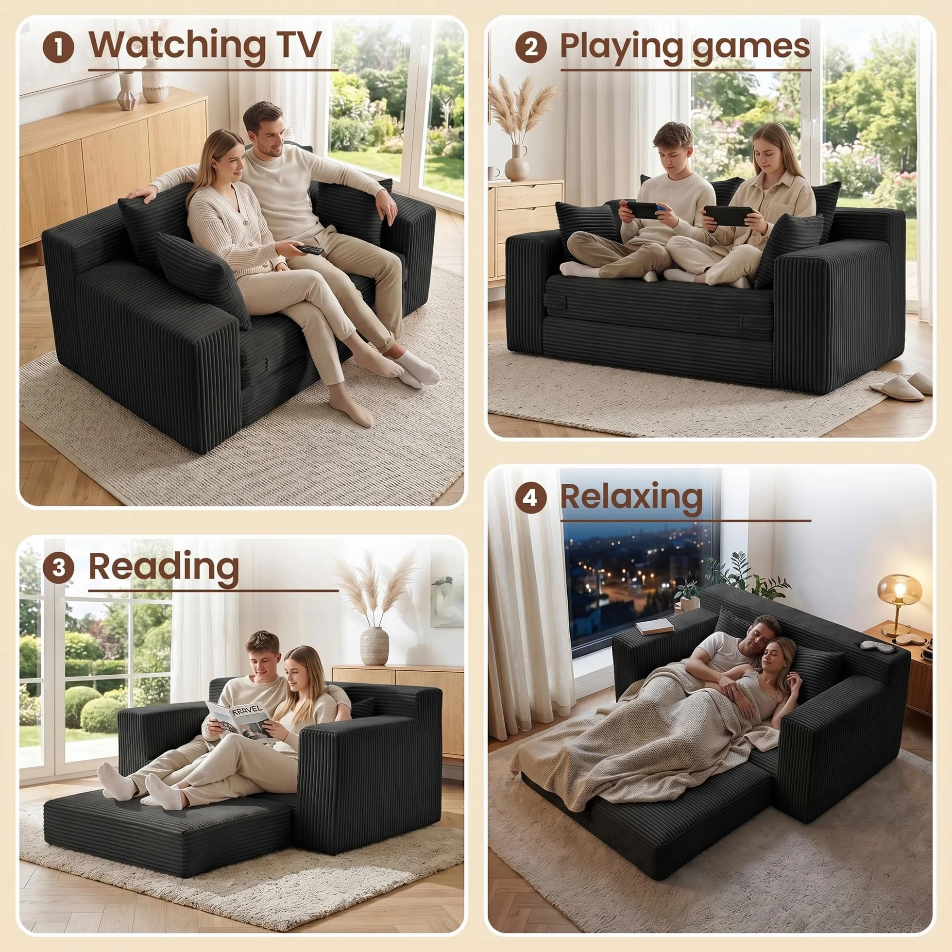Boneless Mini Couch 53 Inch, 3-in-1 Black Boneless Couches Covertible Sofa Bed with 4 Pillows, Small Couches for Living Room, Bedroom, Small Space