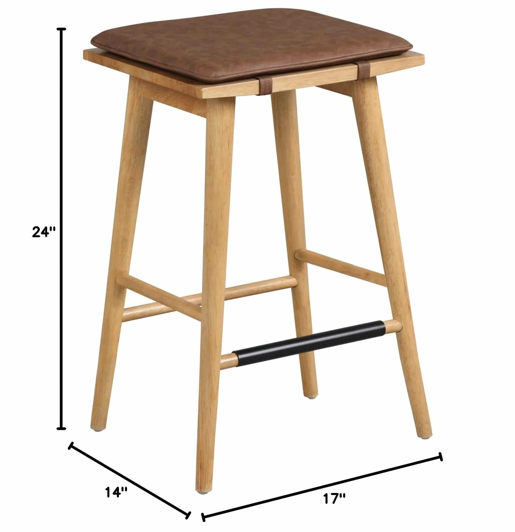 Nathan James Barker Classic Counter Height Wood Barstool with Leather Removable Cushion, Backless Island 24" Bar Stool for Kitchen, Chestnut Brown