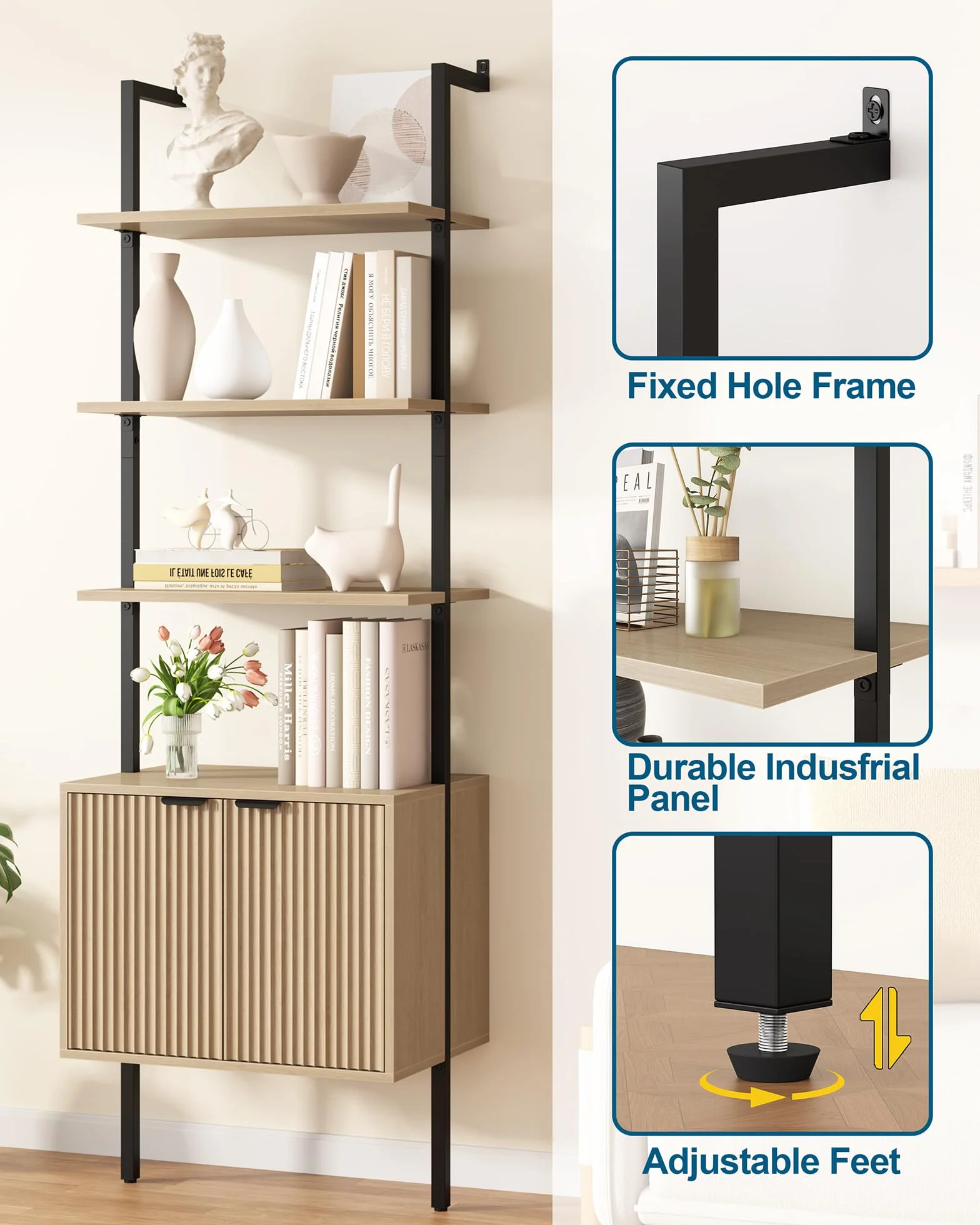 Yusong 73" Tall Bookshelf with Cabinet, Industrial Ladder Wall Mount Shelf Bookcase with Wood and Metal Frame, Plant Shelf Wall Storage Display for Living Room Bedroom, Wavy Light Ivory