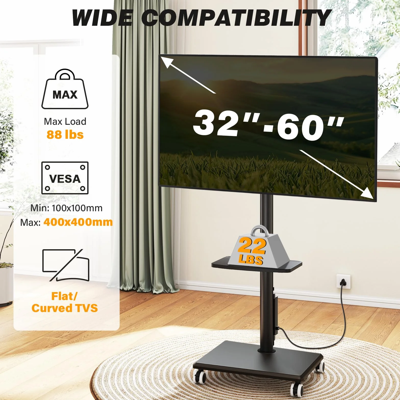 5Rcom Rolling TV Stand with Power Outlet for 32-60 inch TVs | Swivel Height Adjustable TV Cart with Power Outlet & Shelf, Holds 88lbs, Black for Bedroom Living Room Office