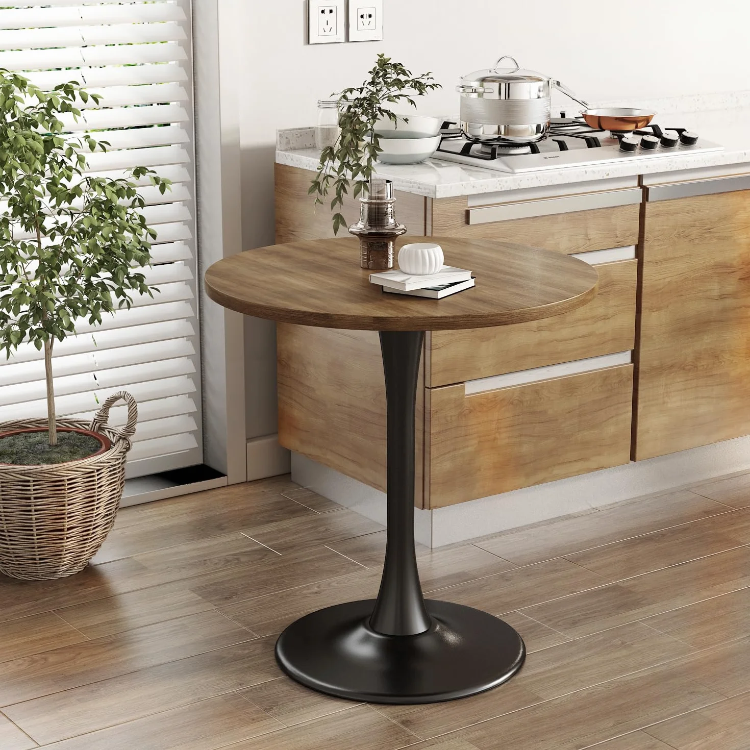 Round Dining Table 31.5" Circle Tulip Table for 4 People,Walnut | Mid Century Modern Leisure Kitchen Table with Wood Thickened Tabletop Sturdy Metal Pedestal for Small Places Living Room Cafe