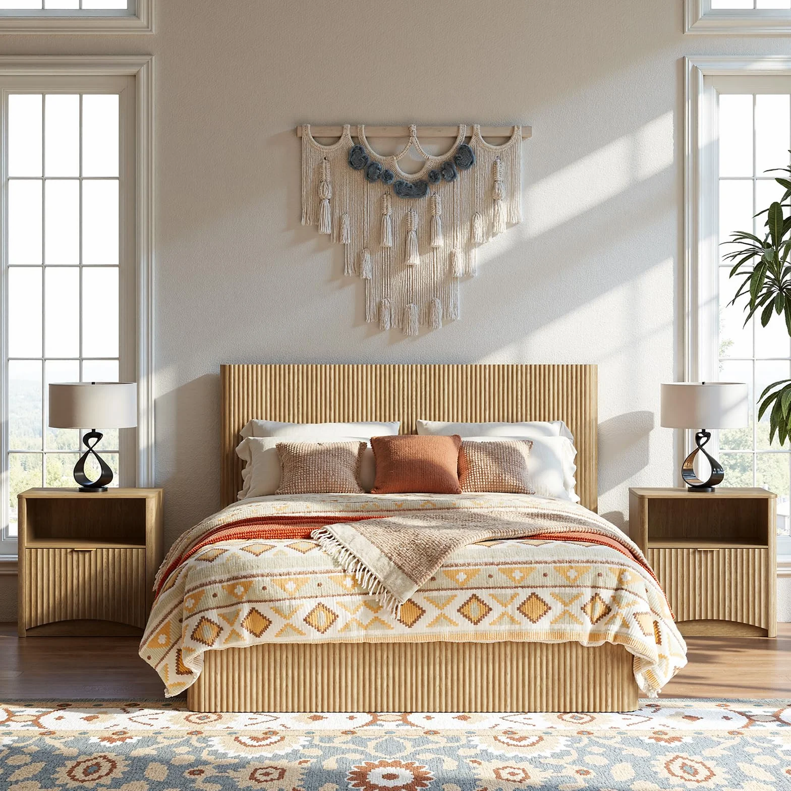 Evermagin Queen Lift-Up Storage Bed Frame, Fluted Headboard, Natural | Evermagin Storage Bed Frame, Mid Century Modern Fluted Bed Frame, Wood Hydraulic Queen Size Bedframe with Headboard