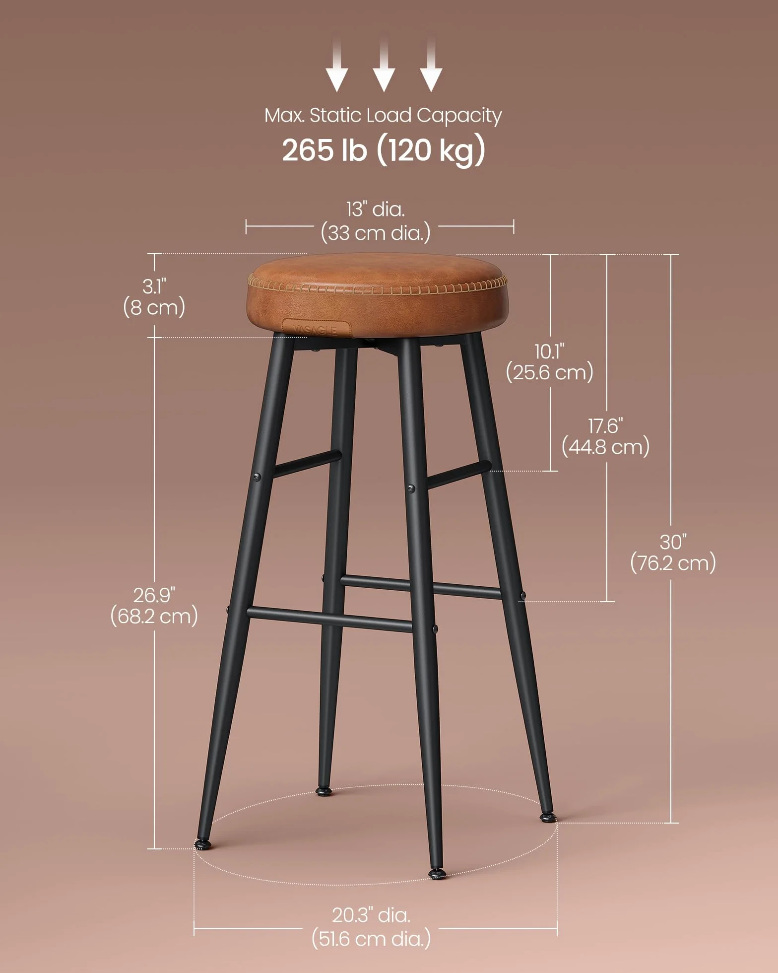 VASAGLE EKHO Collection - Bar Stools Set of 2, Kitchen Counter Stools, Breakfast Stools, Synthetic Leather with Stitching, Mid-Century Modern, 30-Inch Tall, Home Bar, Caramel Brown ULBC090K01V1
