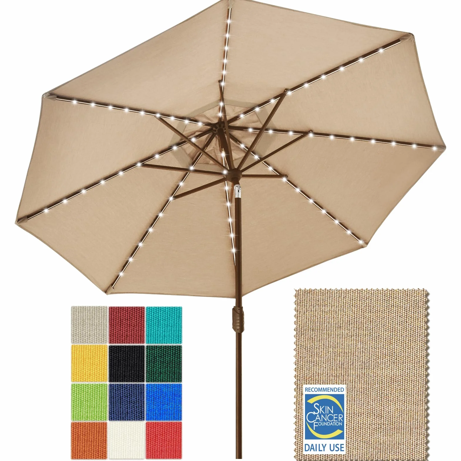 EliteShade USA 10-Year-Non-Fading 9ft Market Patio Umbrella, Commercial Grade Table Sun Umbrella with 80 Solar LED Lights, Crank Open, Windproof & UPF 50+ UV Protection for Garden, Deck, Pool, Backyard, Heather Beige