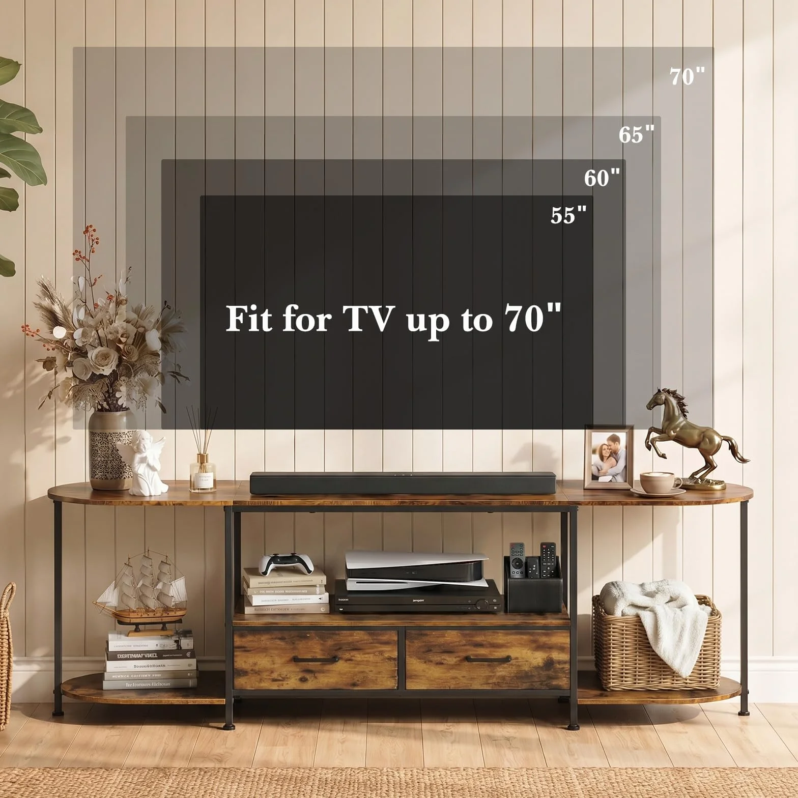 Faesun 63" TV Stand for TVs up to 75 Inches, Curved Edge Media Console & Entertainment Center with 2 Fabric Drawers, Modern TV Console Table for Living Room or Bedroom, Rustic Brown