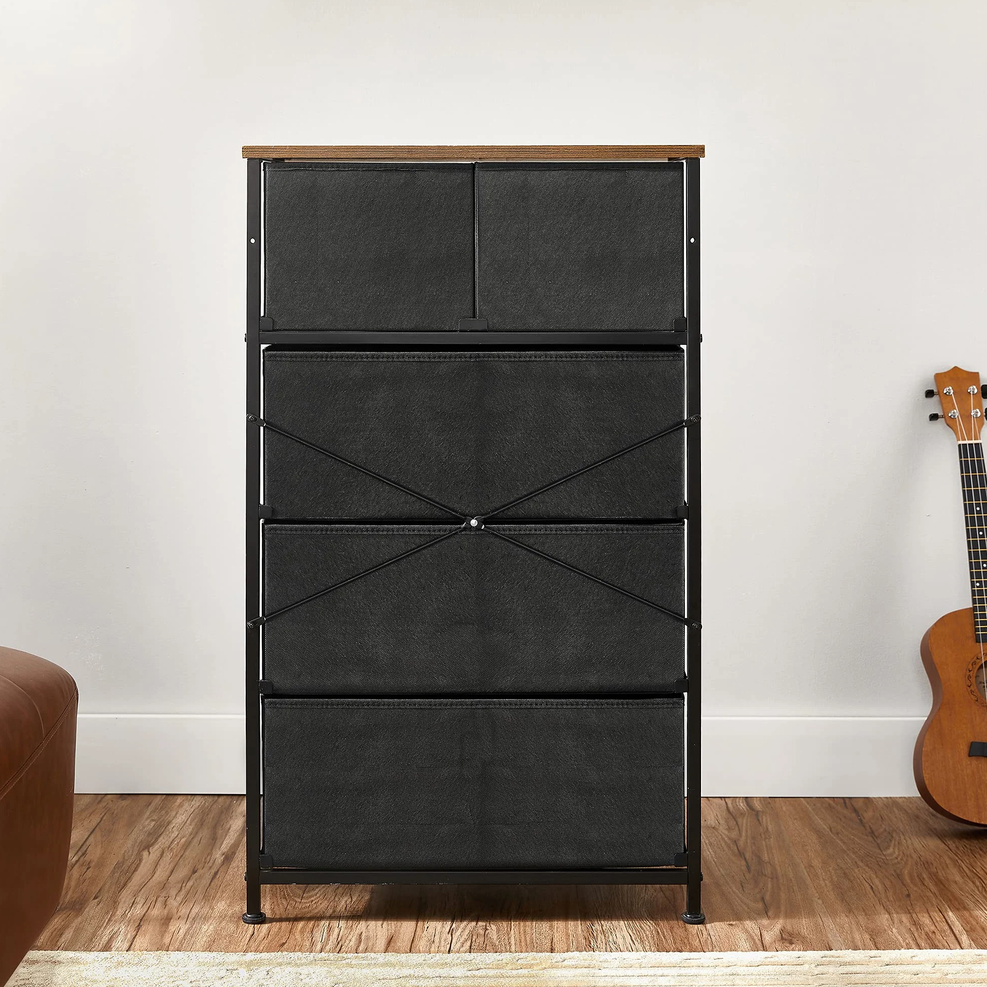 SONGMICS Drawer Dresser, Storage Dresser Tower with 5 Fabric Drawers, Wooden Front and Top, Industrial Style Dresser Unit, for Living Room, Hallway, Nursery, Brown and Black ULGS45H