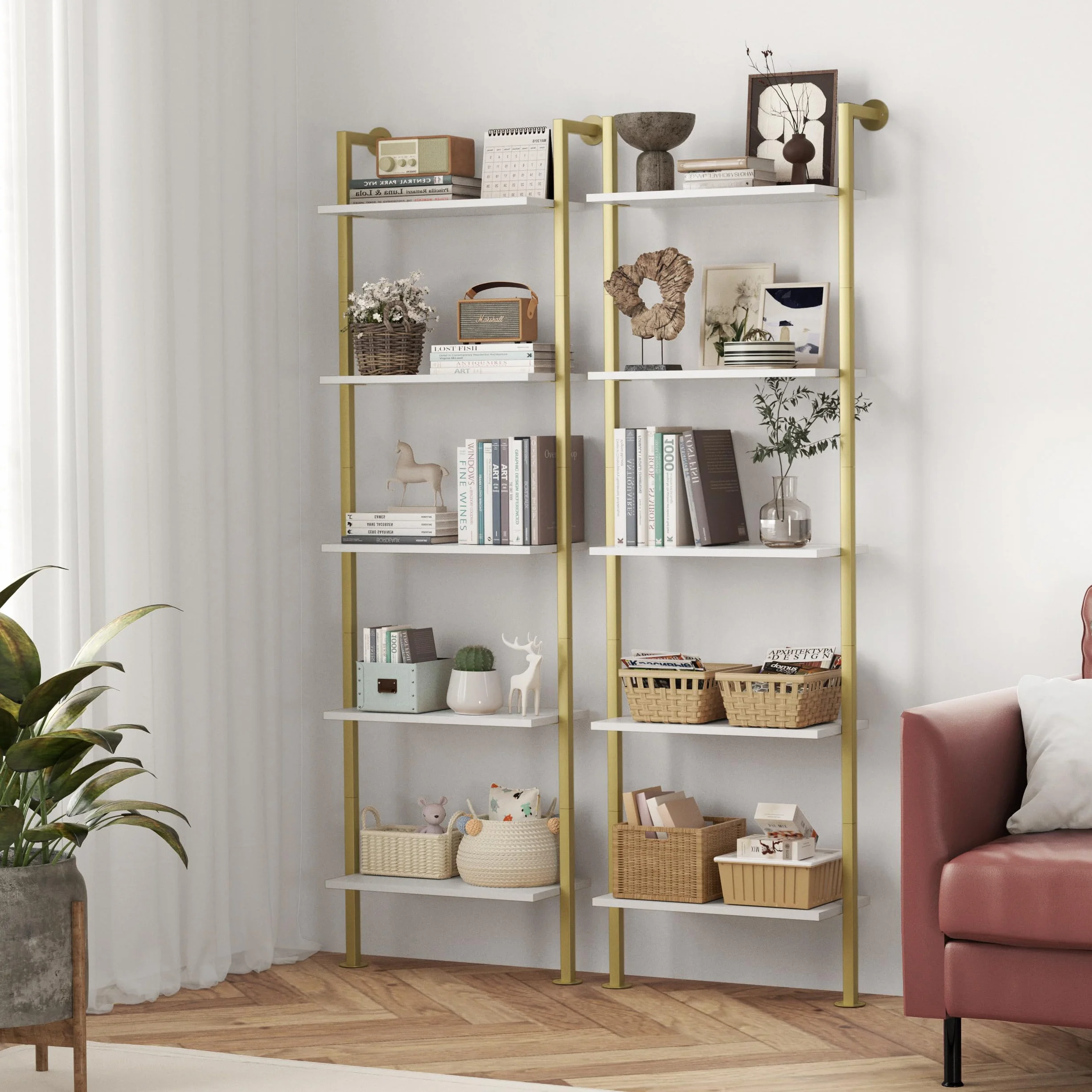 Acovy 5-Tier Bookshelf - Solid Wood Narrow Bookcase Set of 2, Wall Mount Ladder Shelf, Storage Rack for Living Room, Bedroom, Bathroom, White and Gold