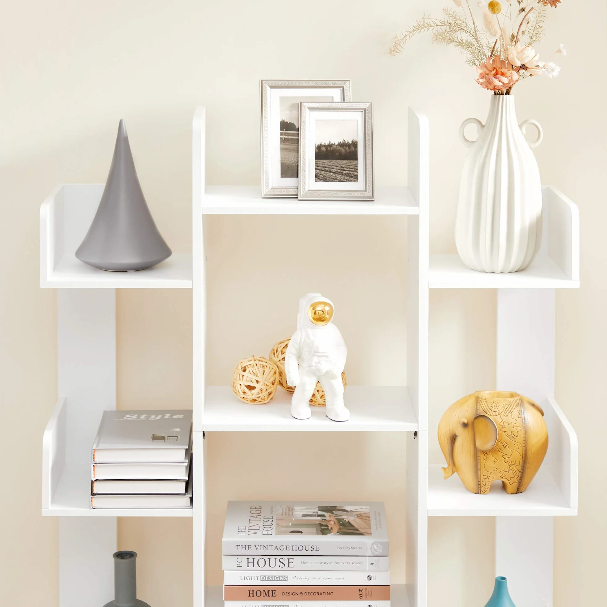 VASAGLE Bookshelf, Tree-Shaped Bookcase with 13 Storage Shelves, Rounded Corners, 9.8”D x 33.9”W x 55.1”H, White ULBC067W01