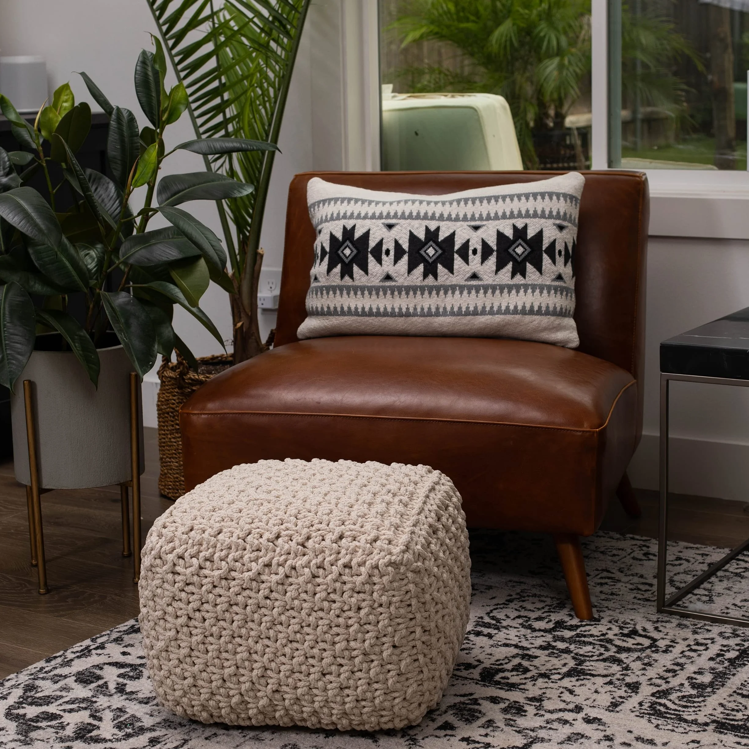 BIRDROCK HOME Square Pouf Ottoman - Cotton Braided Foot Stool with Bean Bag Filling - Compact and Comfortable Seating, Lightweight and Sturdy Boho Foot Rest for Living Room or Bedroom (Natural)