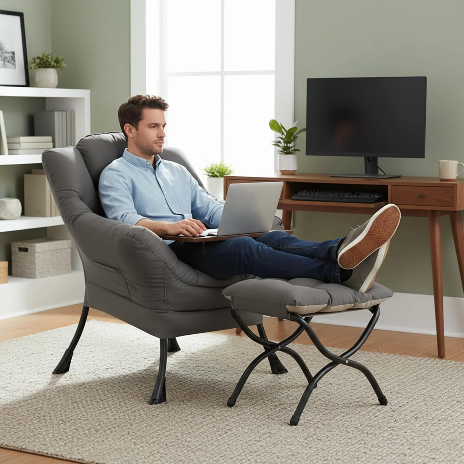 Welnow Lazy Chair with Ottoman, Reading Chair with Footrest,Dark Grey | A Side Pocket,Armrests,Foldable Footrest,Thick Cushioned Seat & Backrest, Lounge Chair for Bedroom,Living Room & Small Space