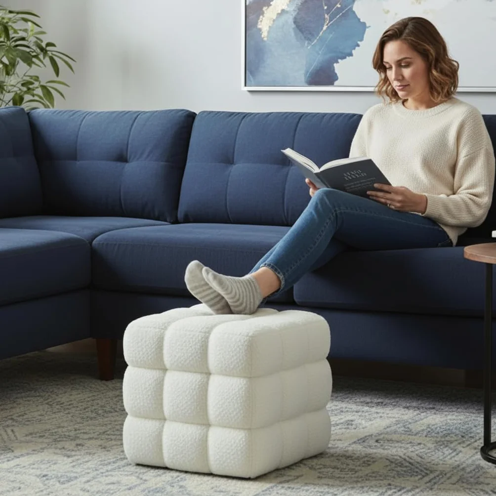 White Sherpa Square Ottoman - 17.3" Large Boucle Cube Pouf with Sturdy Wood Frame, 330lbs Capacity Modern Fuzzy Vanity Stool & Footrest for Living Room, Bedroom - Fully Assembled