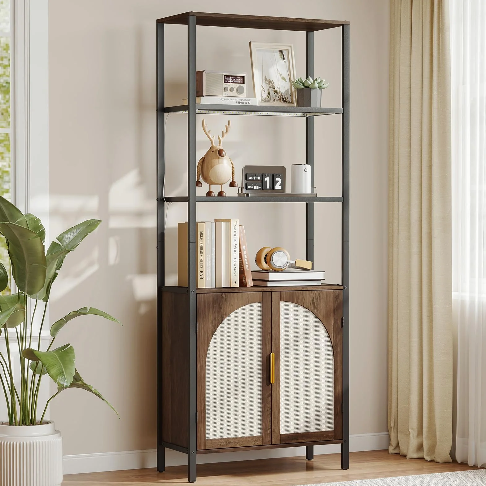 Turosur Rattan Bookshelf with Storage, Boho Bookcase with Wicker Doors, 71" Tall Book Shelf with LED Lights for Living Room, Brown