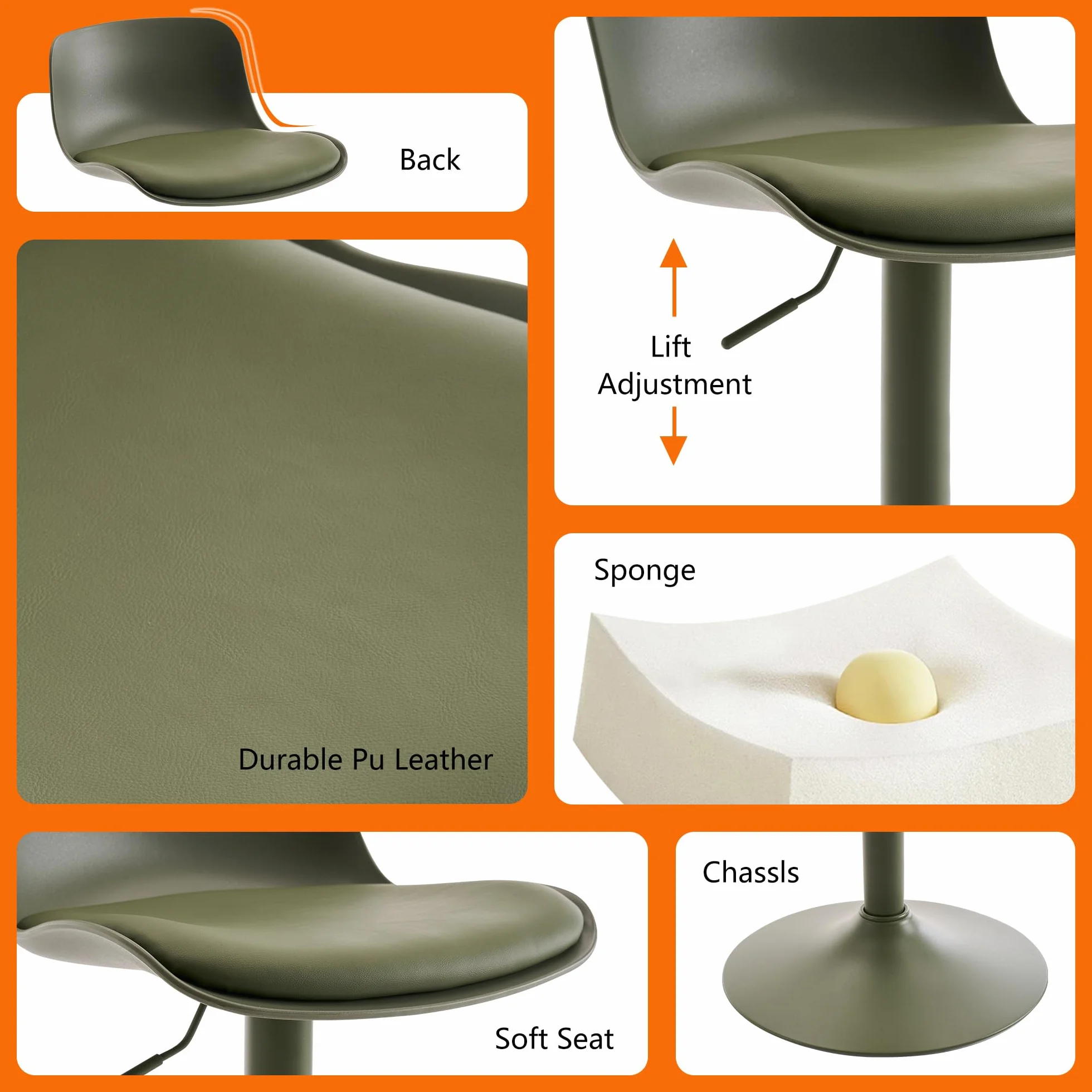 Kidol & Shellder Adjustable Swivel Bar Stools Set of 2 Olive Green | Modern PU Leather barstools, Counter Height Stools with Back, Metal Base for Kitchen Island Home Bar, Green Bar Stool