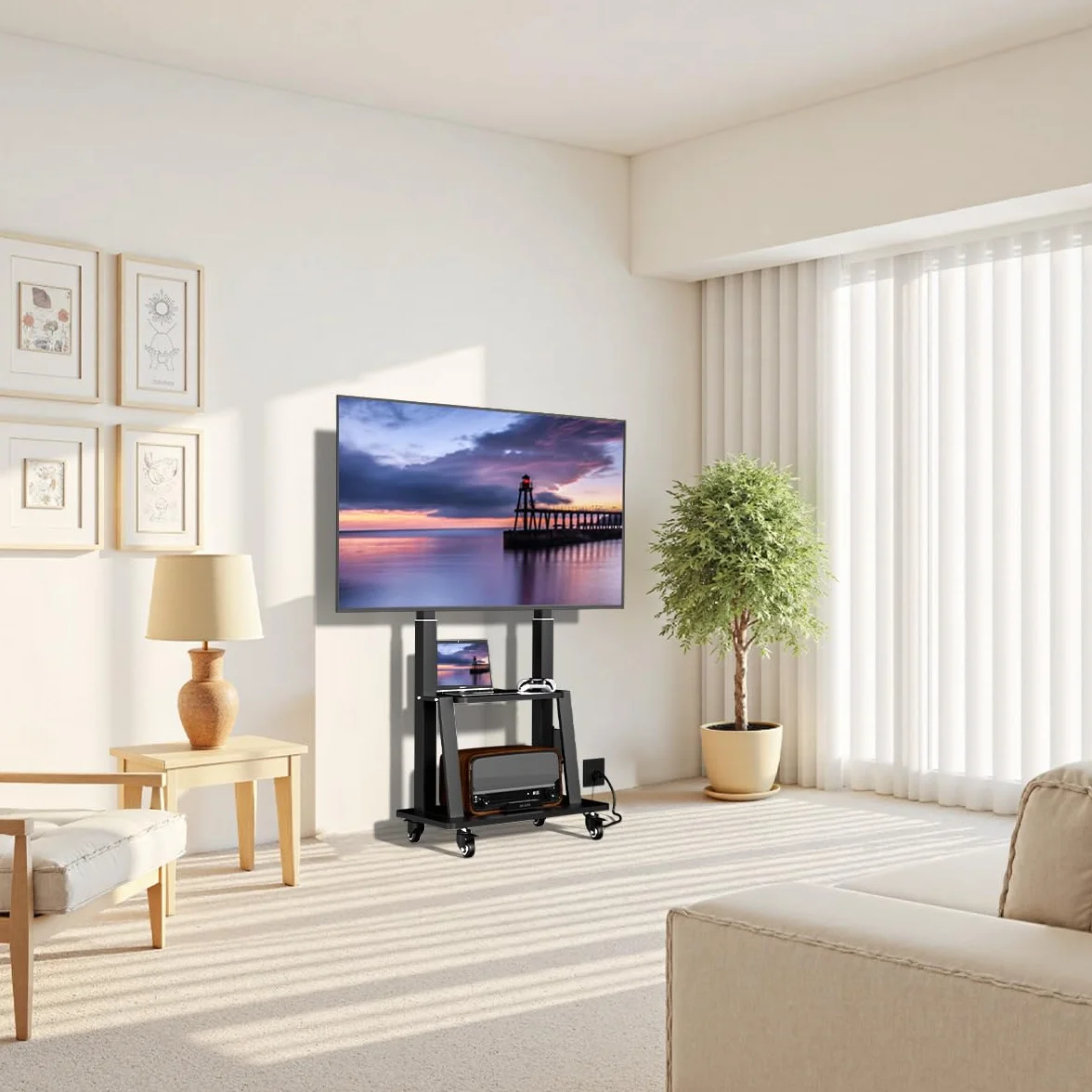Mobile TV Cart with Power Outlet, Rolling TV Stand on Wheels for 32 to 65 70 75 83 inch TV, Height Adjustable,Holds up to 130LBS, Vesa 600×400mm.