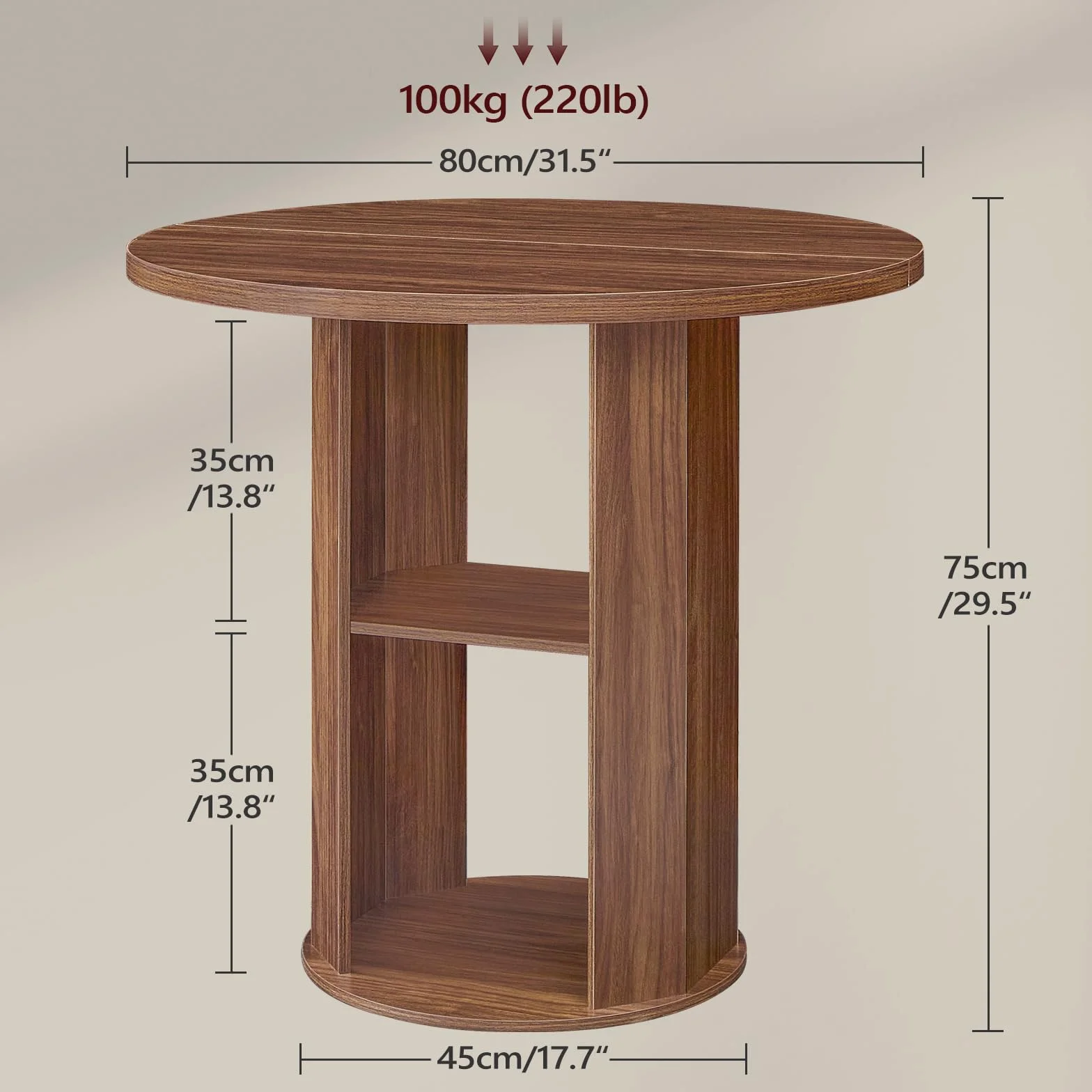 MAHANCRIS 31.5" Round Dining Table with Storage Shelf for 2-3, Circle Kitchen Dinner Table with Thick Tabletop, for Small Spaces, Circle Nook Table for Kitchen & Dining Room, Walnut DTWA8501