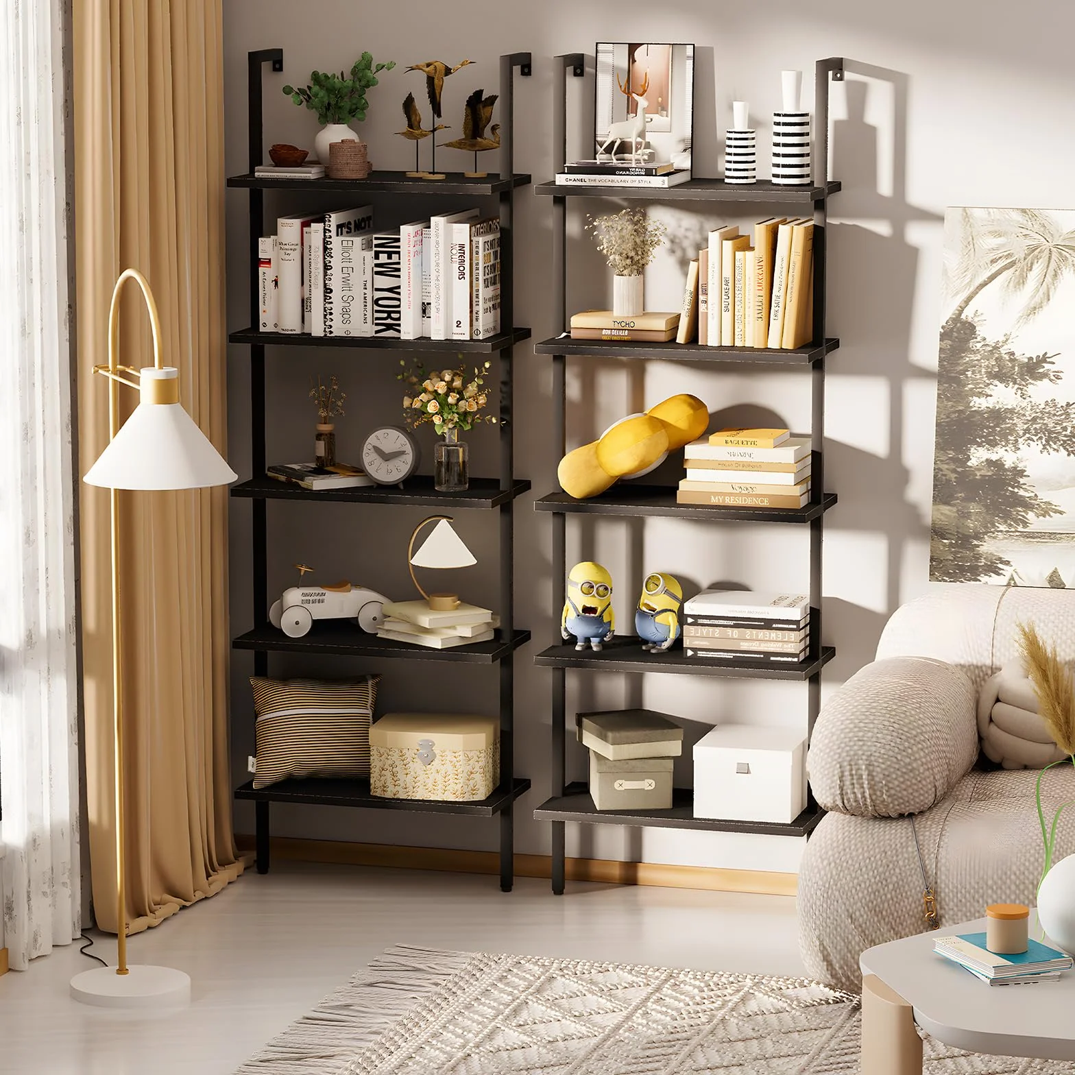 aboxoo Ladder Shelf 2PCS Open Bookshelf 5-Tier Wood Wall-Mounted Black Bookcase Storage Rack Open Industrial Modern Plant Stand Utility Organizer Bookcase Metal Frame Furniture Office Kitchen Bedroom