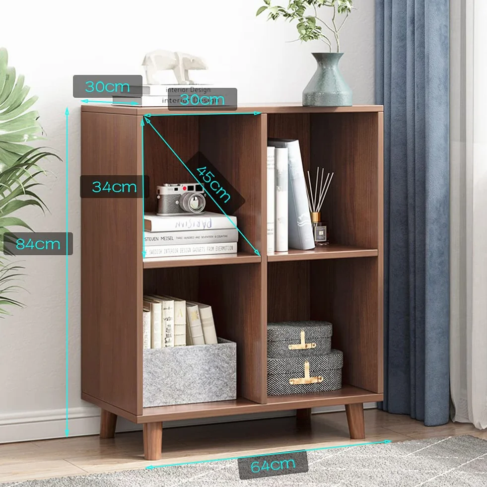 IOTXY Open Cubes Low Bookcase - 2-Tier 4-Cube Short Bookshelf in Walnut | Nordic Minimalist Style, MDF Material, Solid Wood Legs, Deep Storage Cubes, Free Standing Wooden Cabinet Organizer Unit