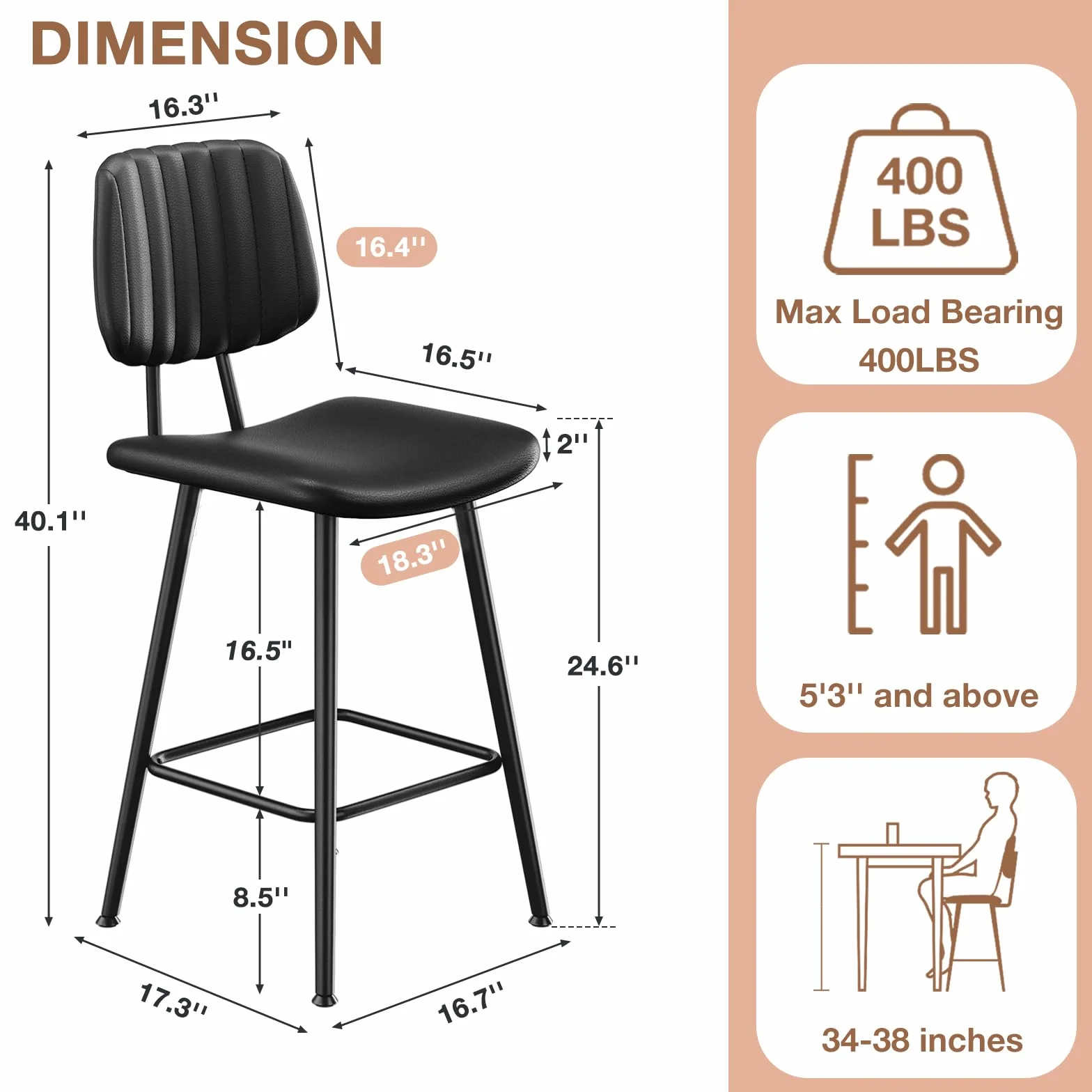 Raynesys 24-Inch Leather Bar Stools Set of 2 with High Backrest, Black | Faux Leather, Counter Height Barstools, Heavy Duty Metal Legs, With Footrest, For Kitchen Island